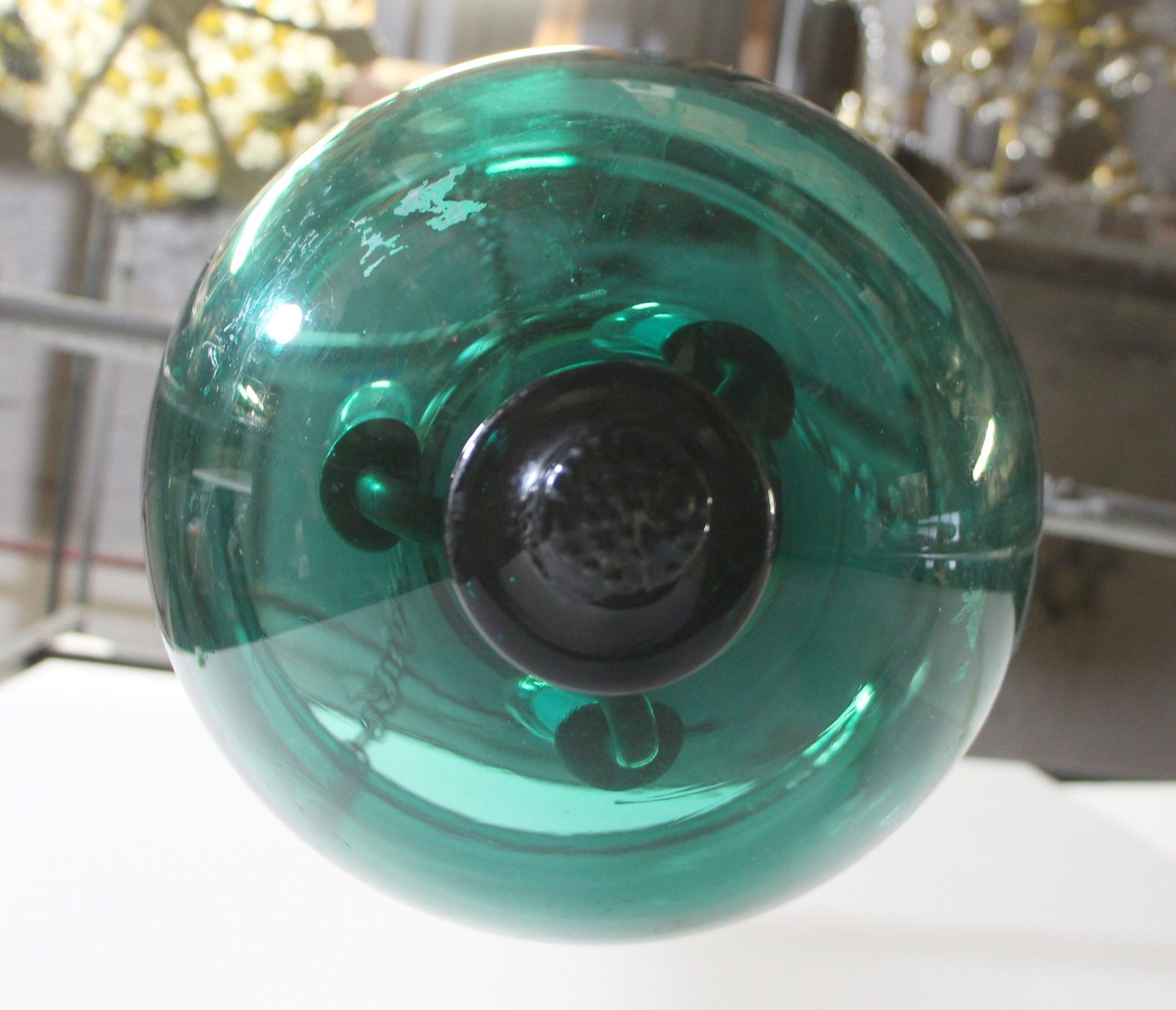 Greenish Blue Glass Bell Jar Pendant Light Brass Hardware 1
