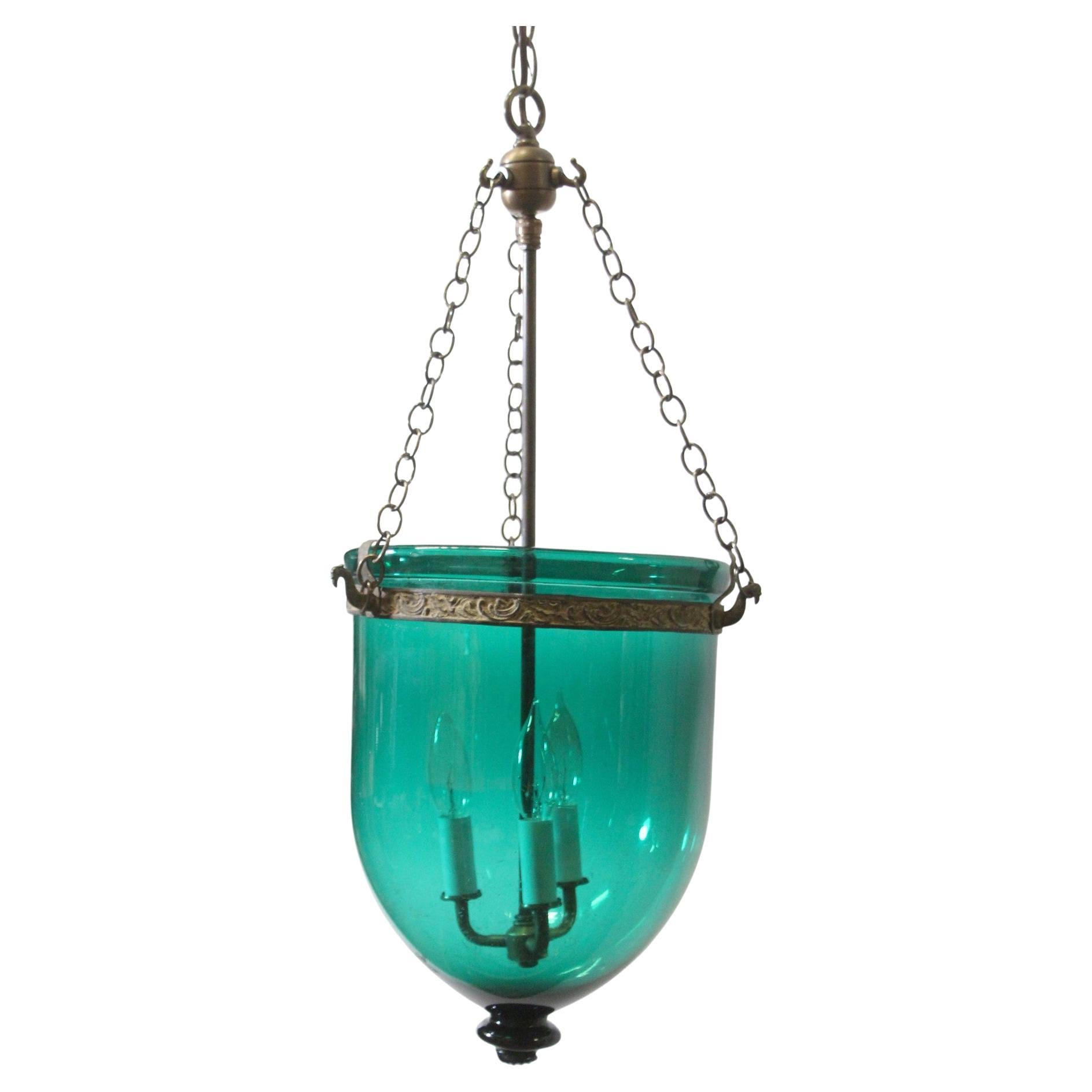 Greenish Blue Glass Bell Jar Pendant Light Brass Hardware