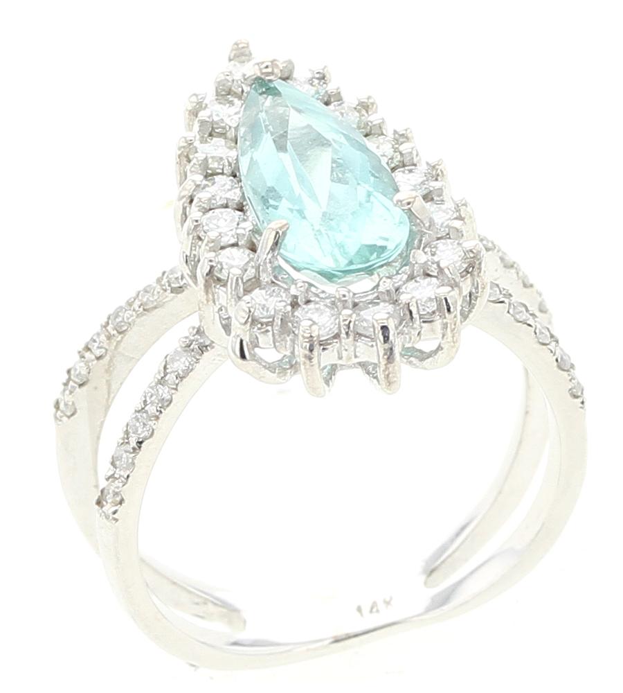 Pear Cut Greenish Blue Pear Tourmaline Ring with Diamonds, White Gold