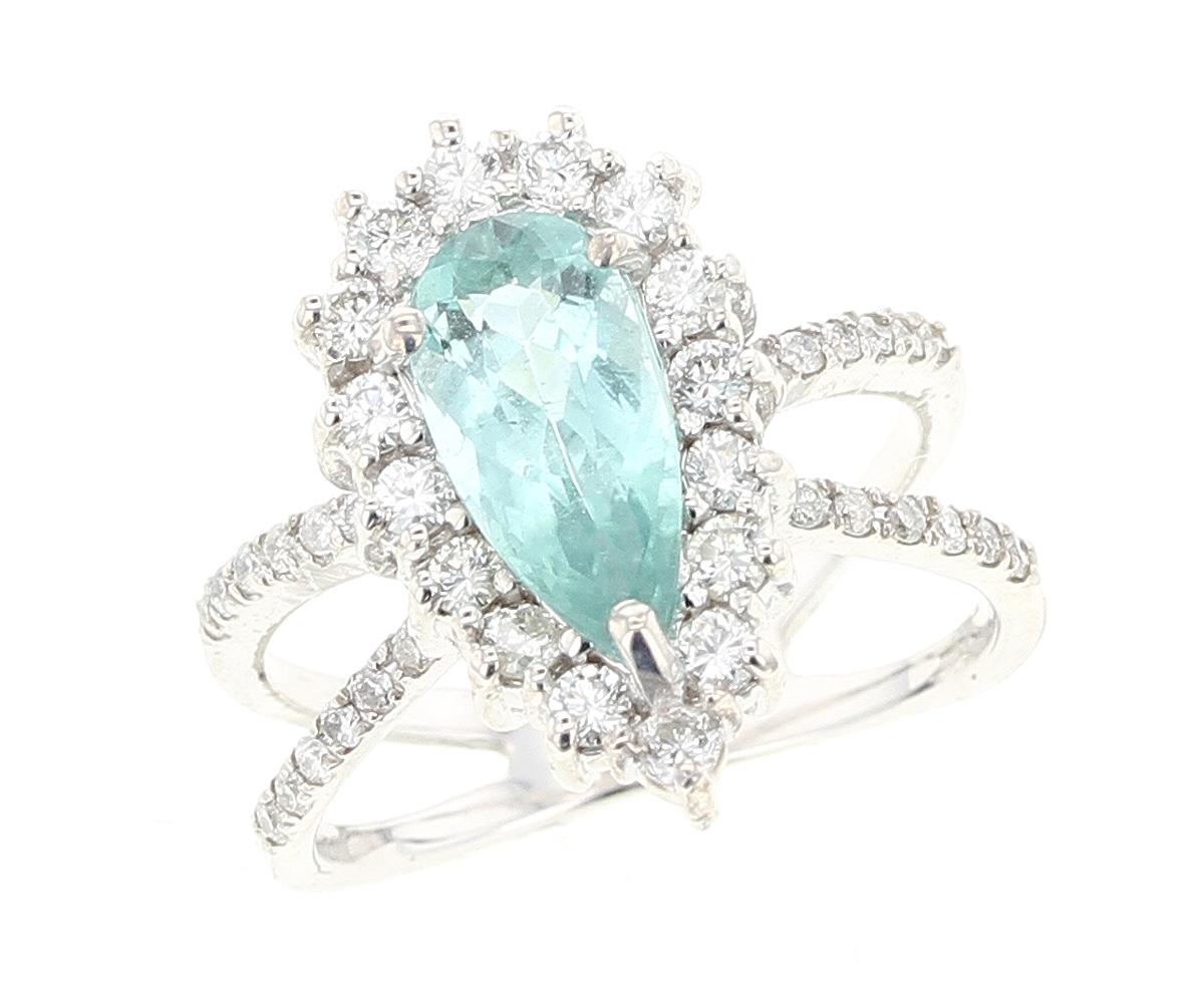 Greenish Blue Pear Tourmaline Ring with Diamonds, White Gold