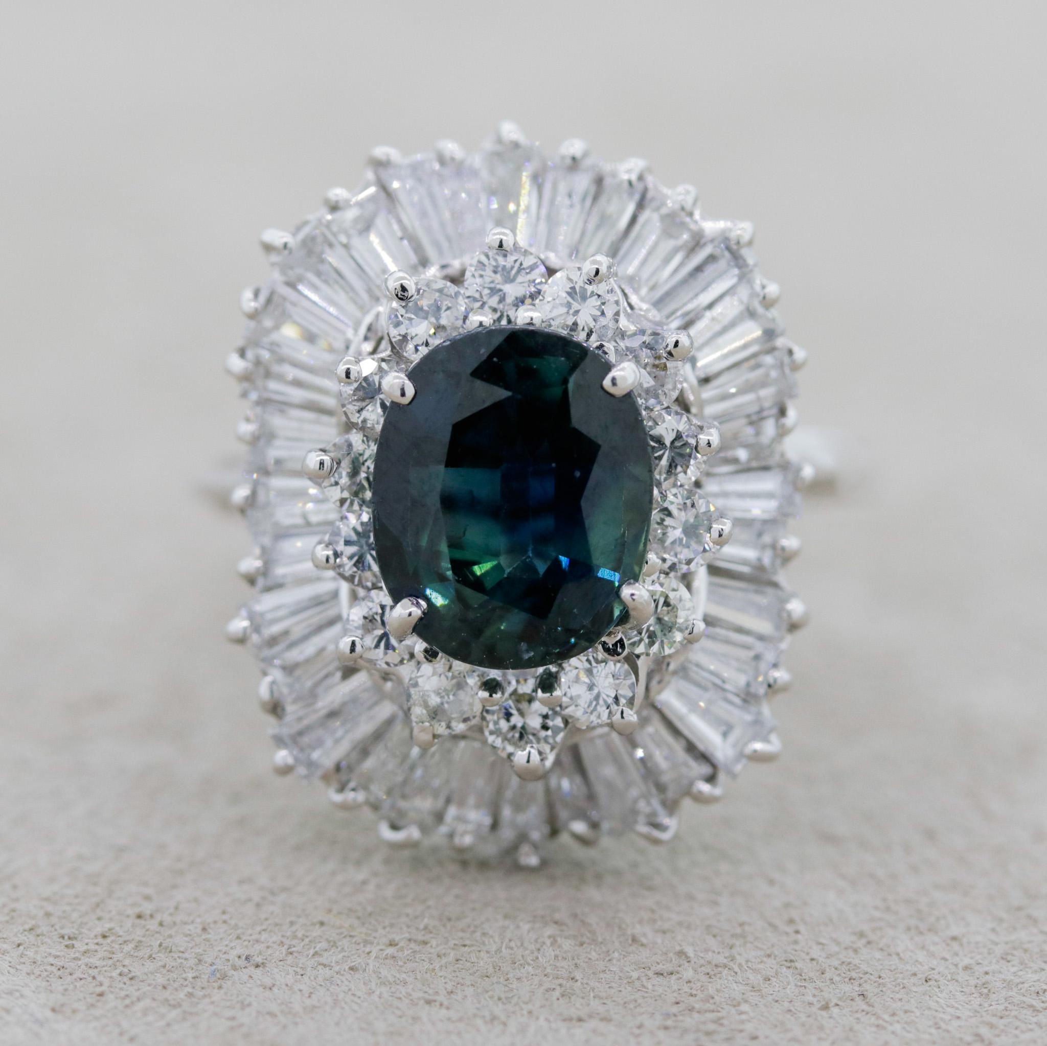 Mixed Cut Greenish-Blue Sapphire Diamond Gold Ballerina Ring For Sale