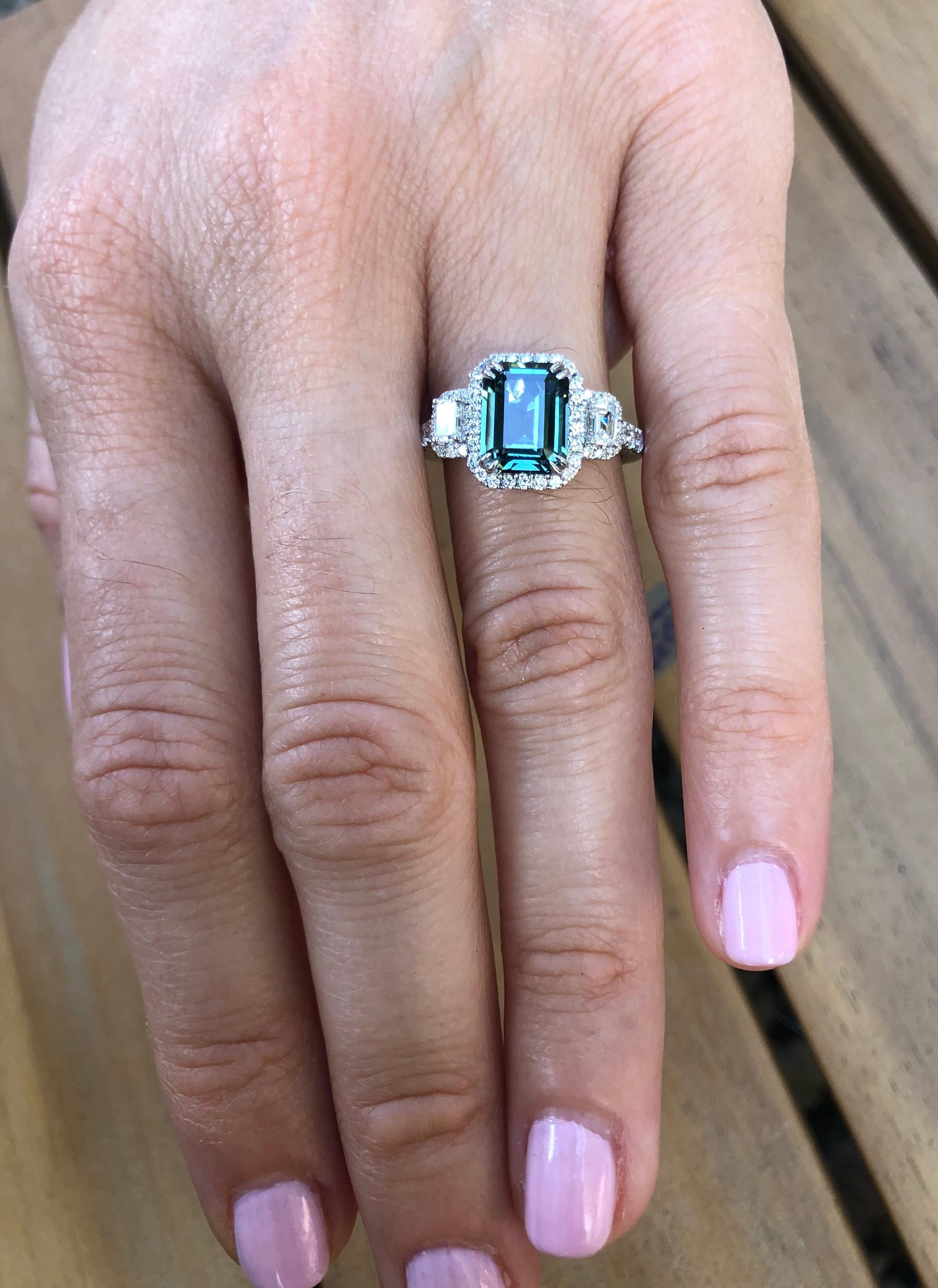 Greenish Blue Teal Sapphire Ring 2.92 Carat Emerald Cut 4
