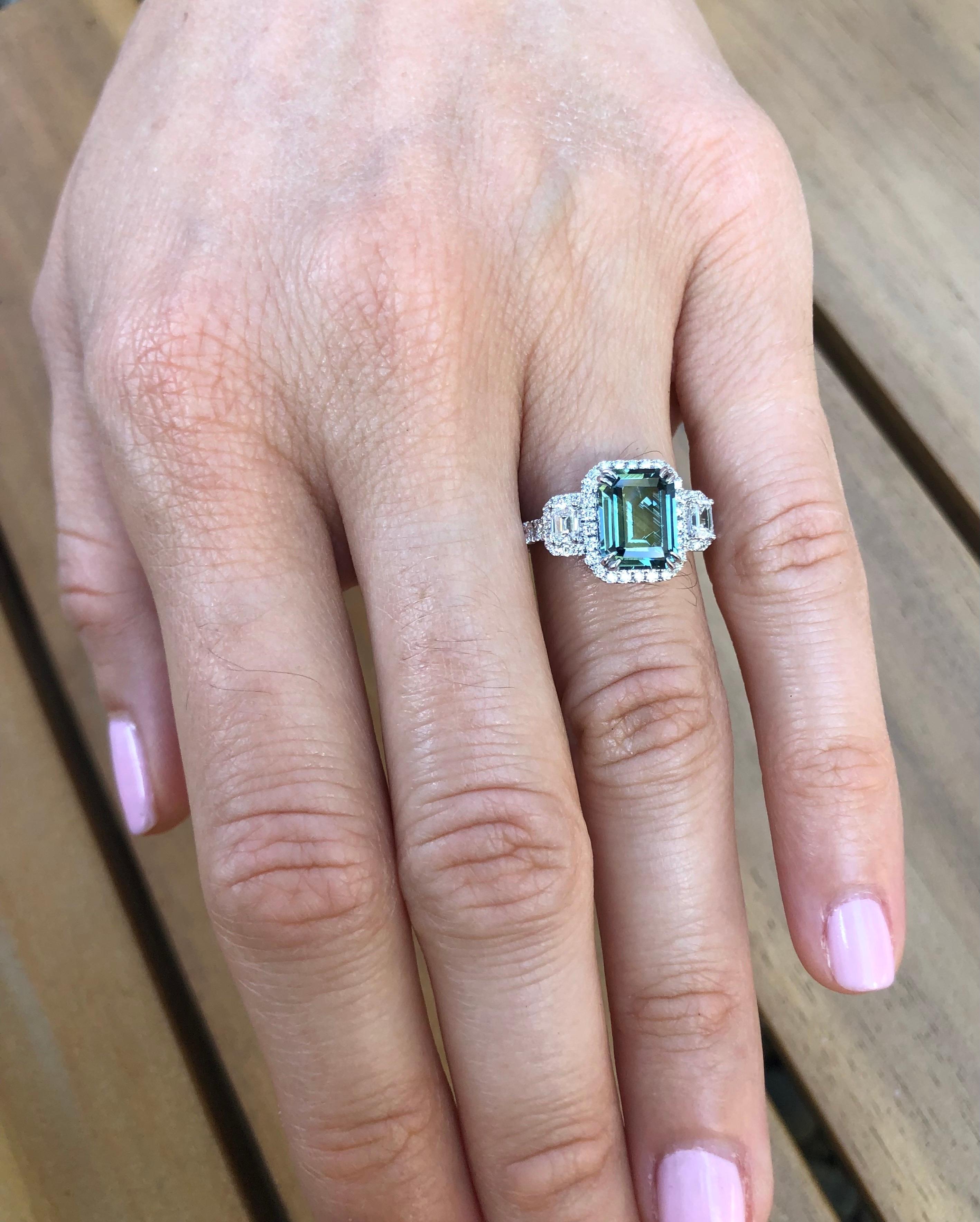 Greenish Blue Teal Sapphire Ring 2.92 Carat Emerald Cut 5