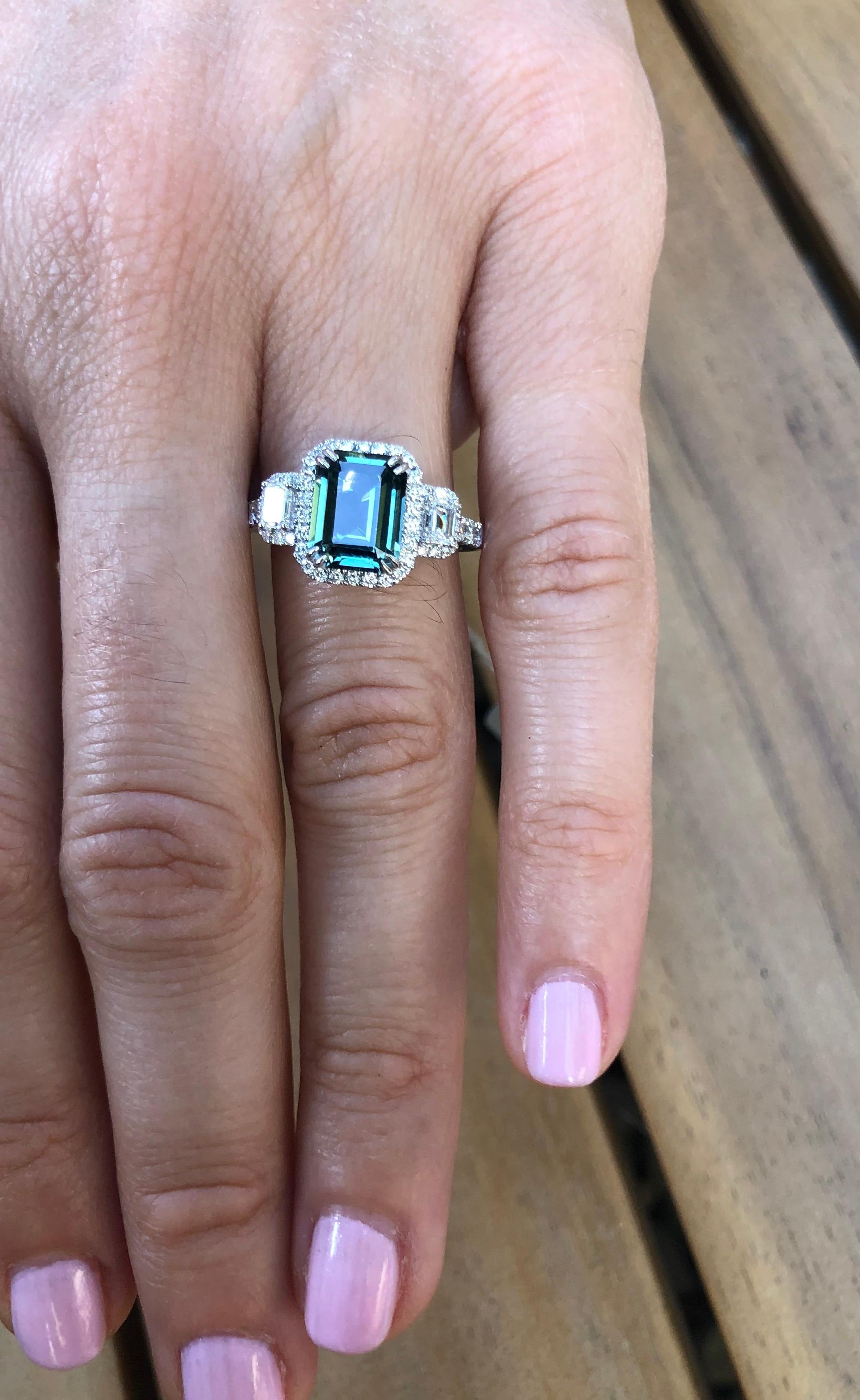 Contemporary Greenish Blue Teal Sapphire Ring 2.92 Carat Emerald Cut