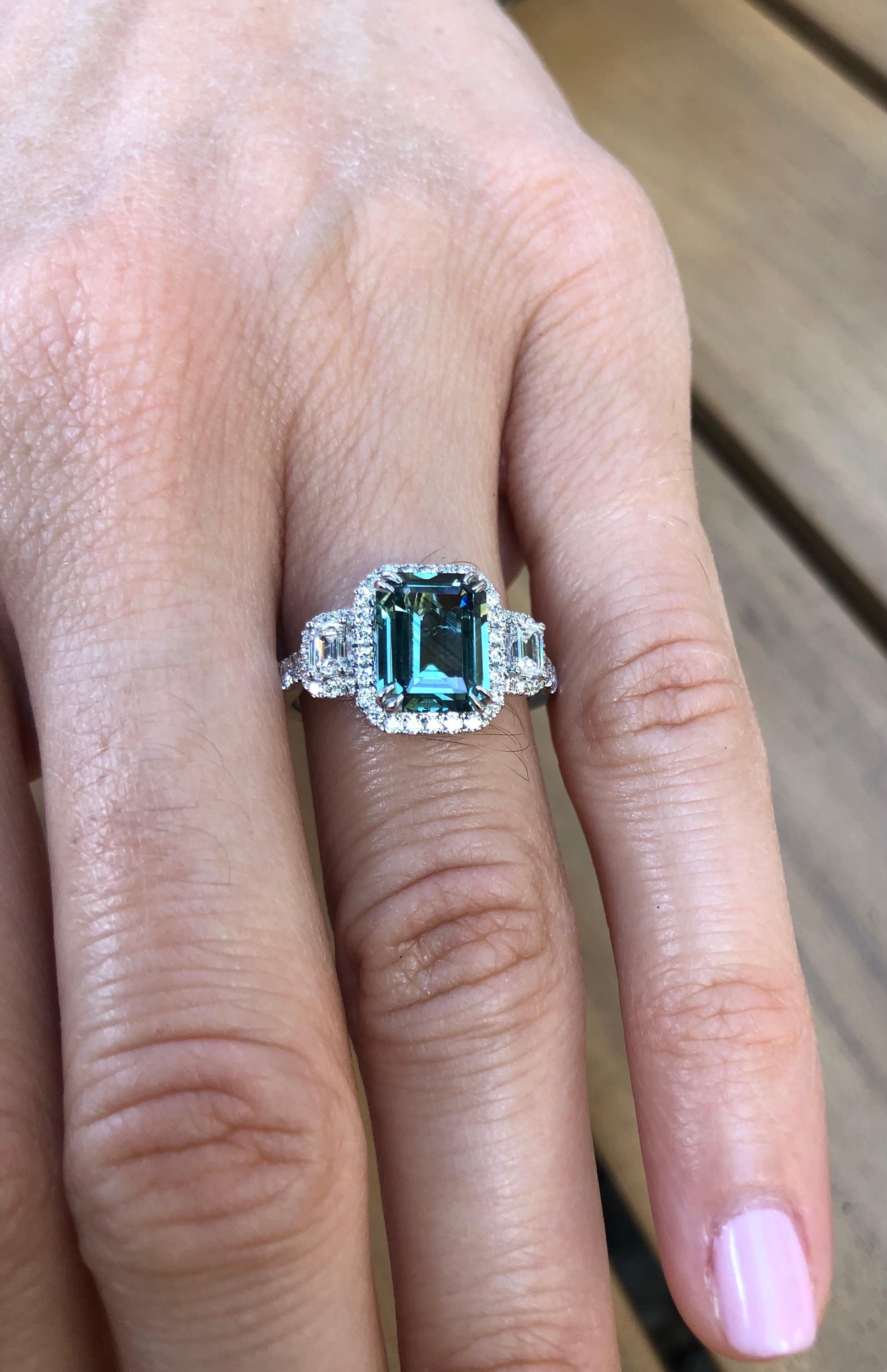 Greenish Blue Teal Sapphire Ring 2.92 Carat Emerald Cut 1