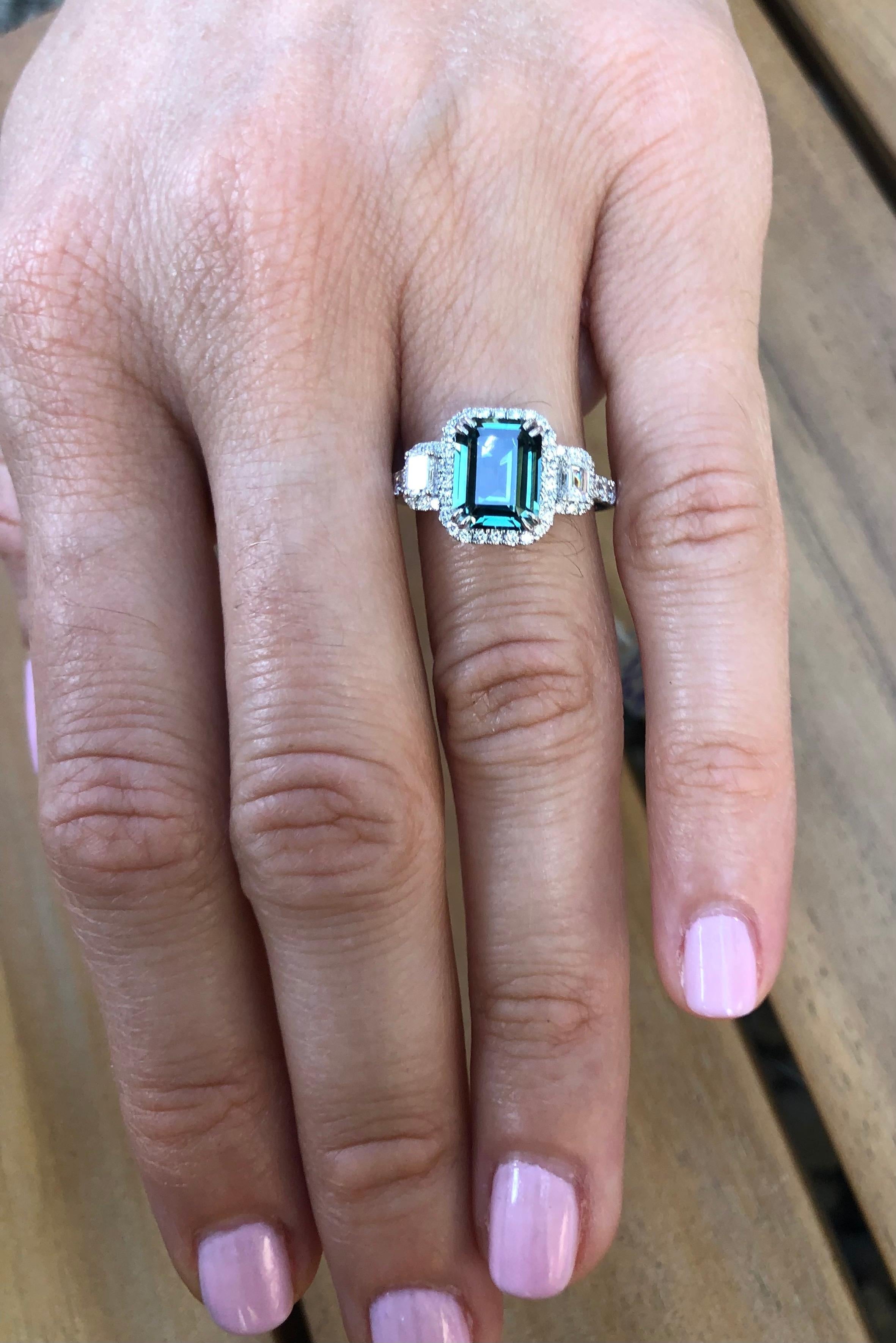Greenish Blue Teal Sapphire Ring 2.92 Carat Emerald Cut 2