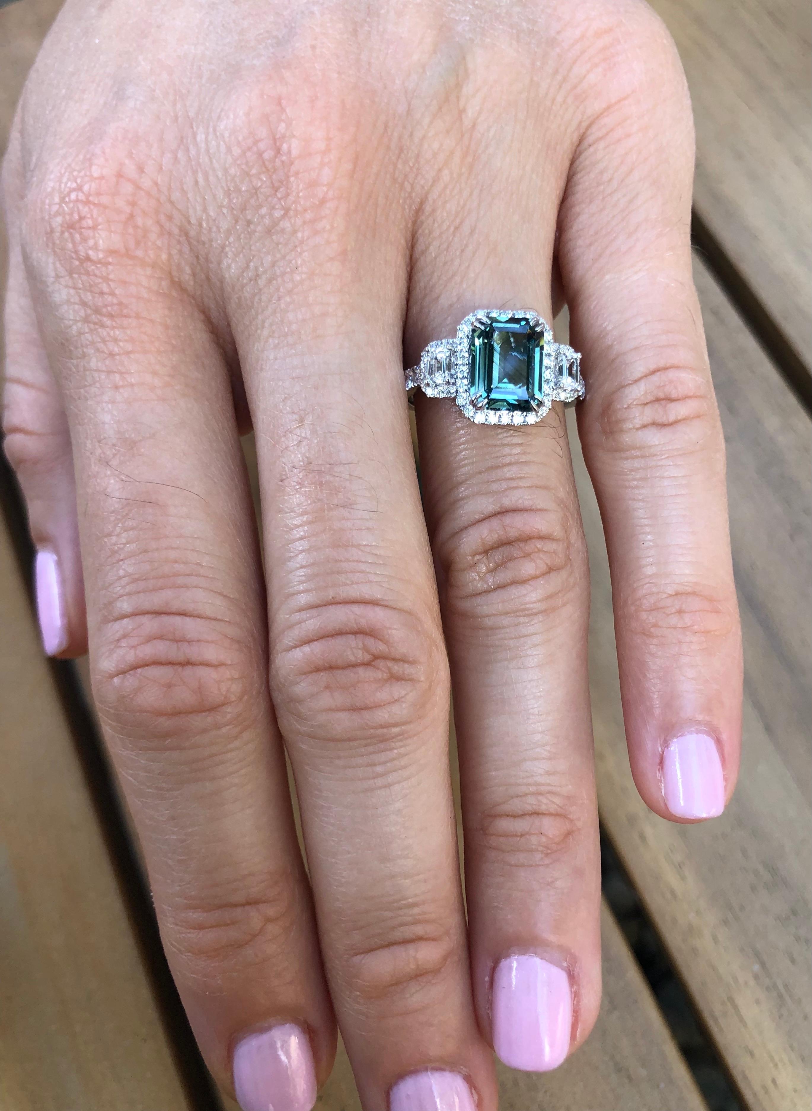 Greenish Blue Teal Sapphire Ring 2.92 Carat Emerald Cut 3