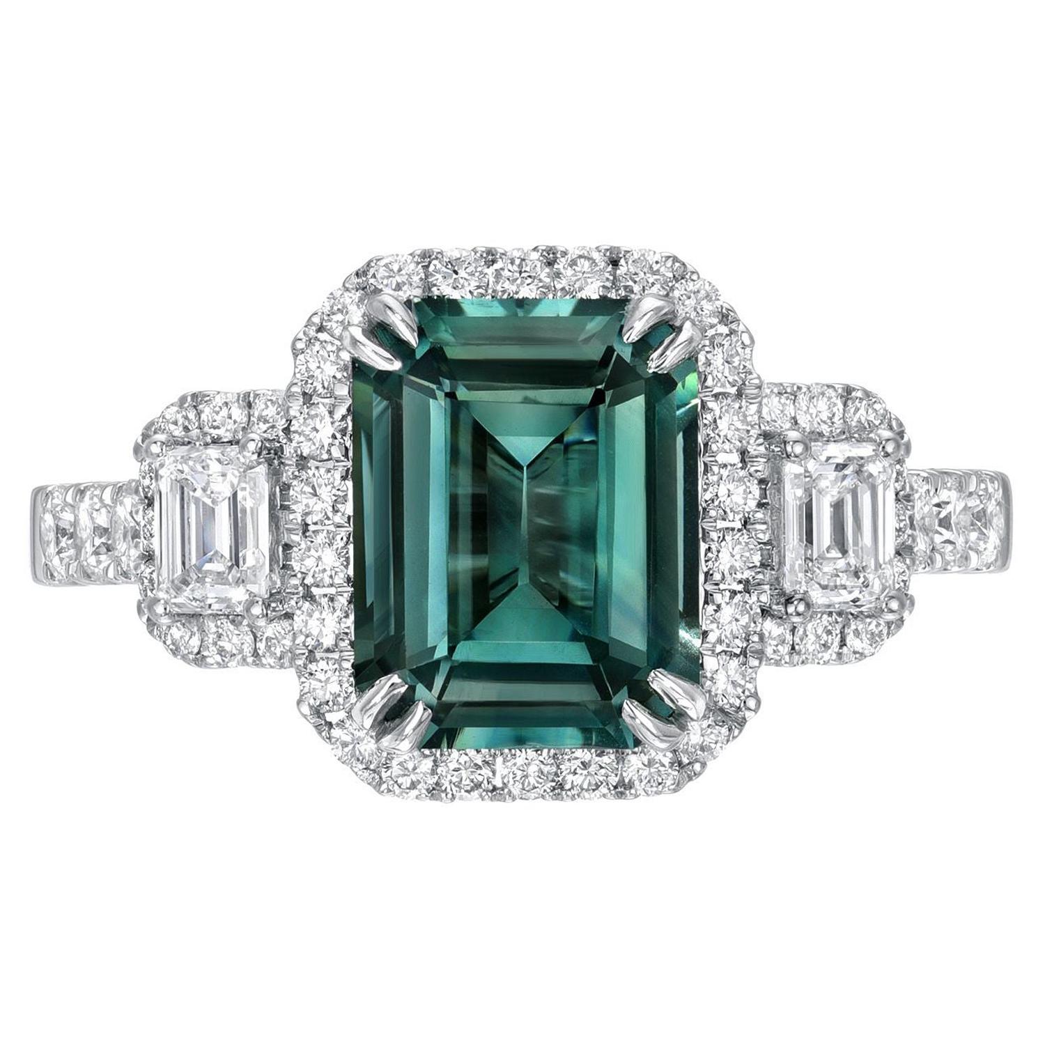Greenish Blue Teal Sapphire Ring 2.92 Carat Emerald Cut