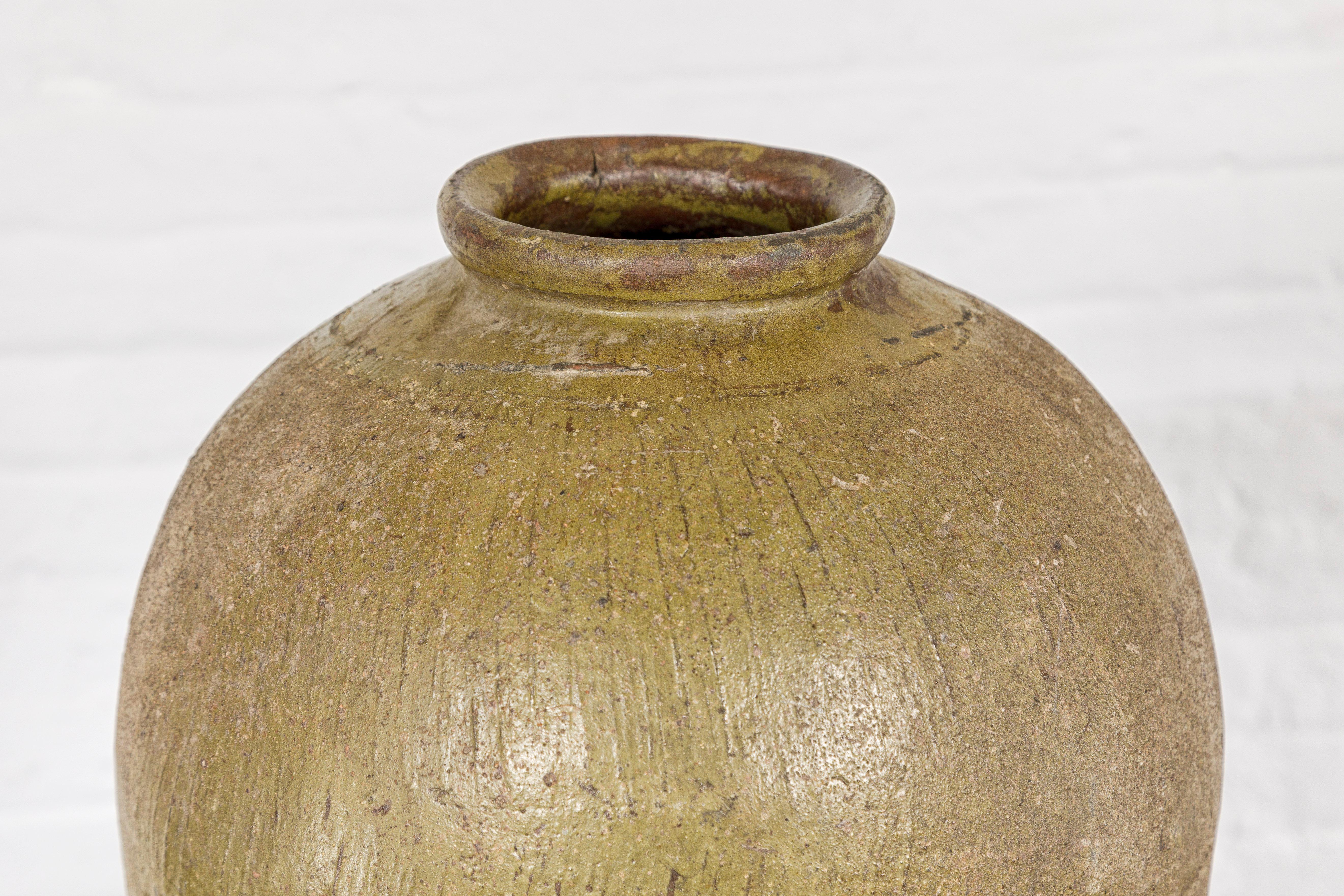 Vernissé Vase en céramique vintage émaillée brun-vert - Country Collection en vente