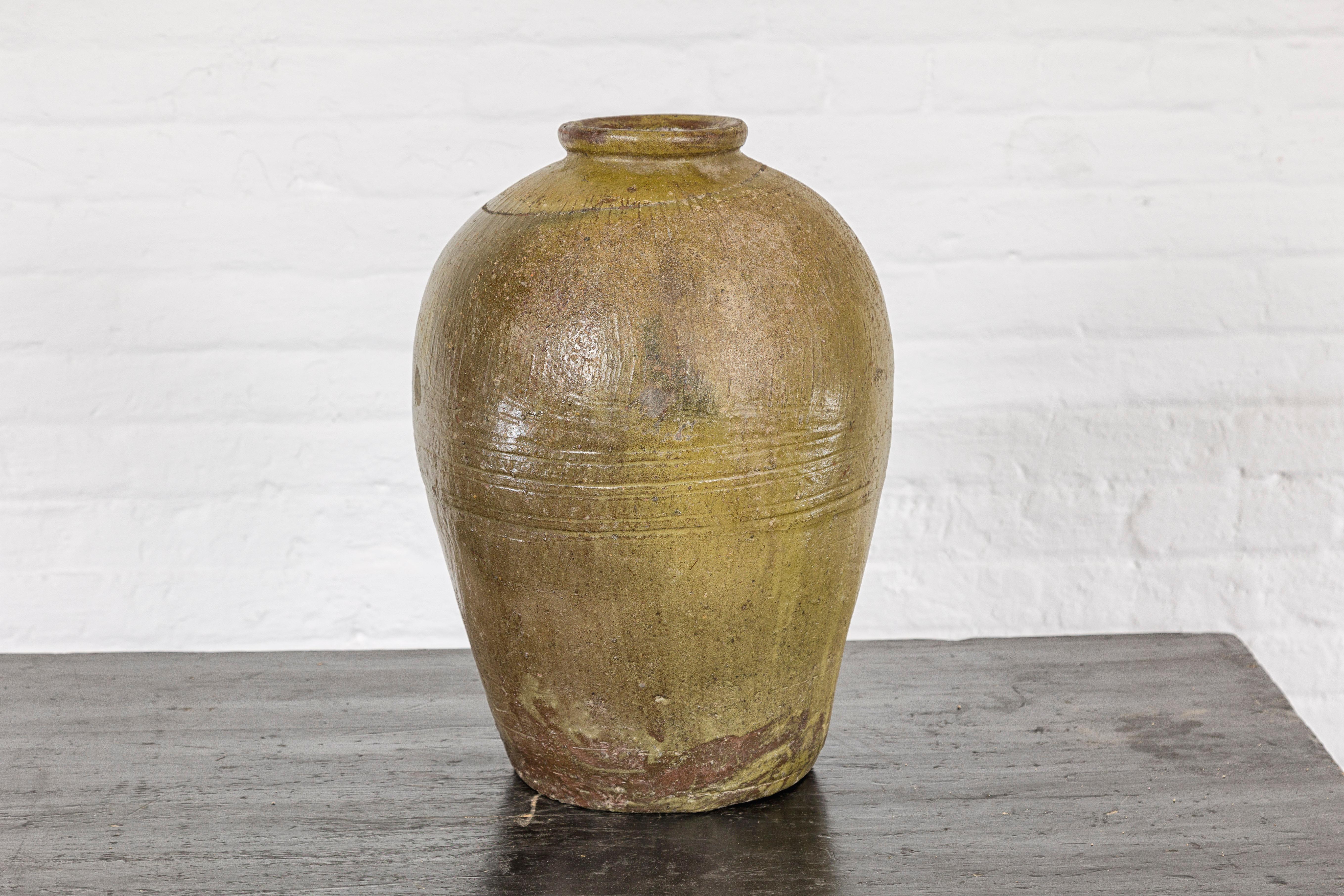 Greenish Brown Glazed Vintage Ceramic Vase - Country Collection For Sale 3