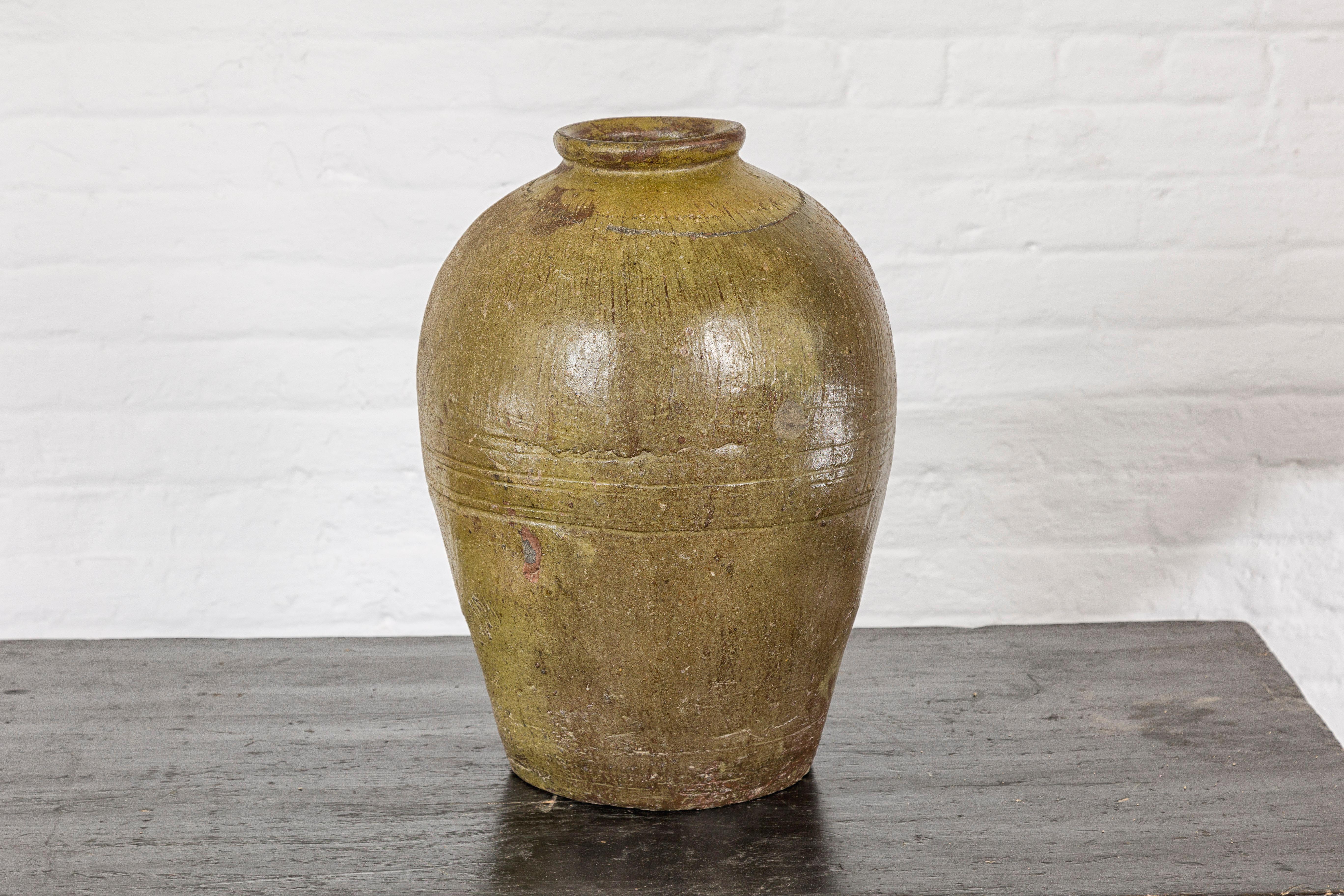 Vase en céramique vintage émaillée brun-vert - Country Collection en vente 2