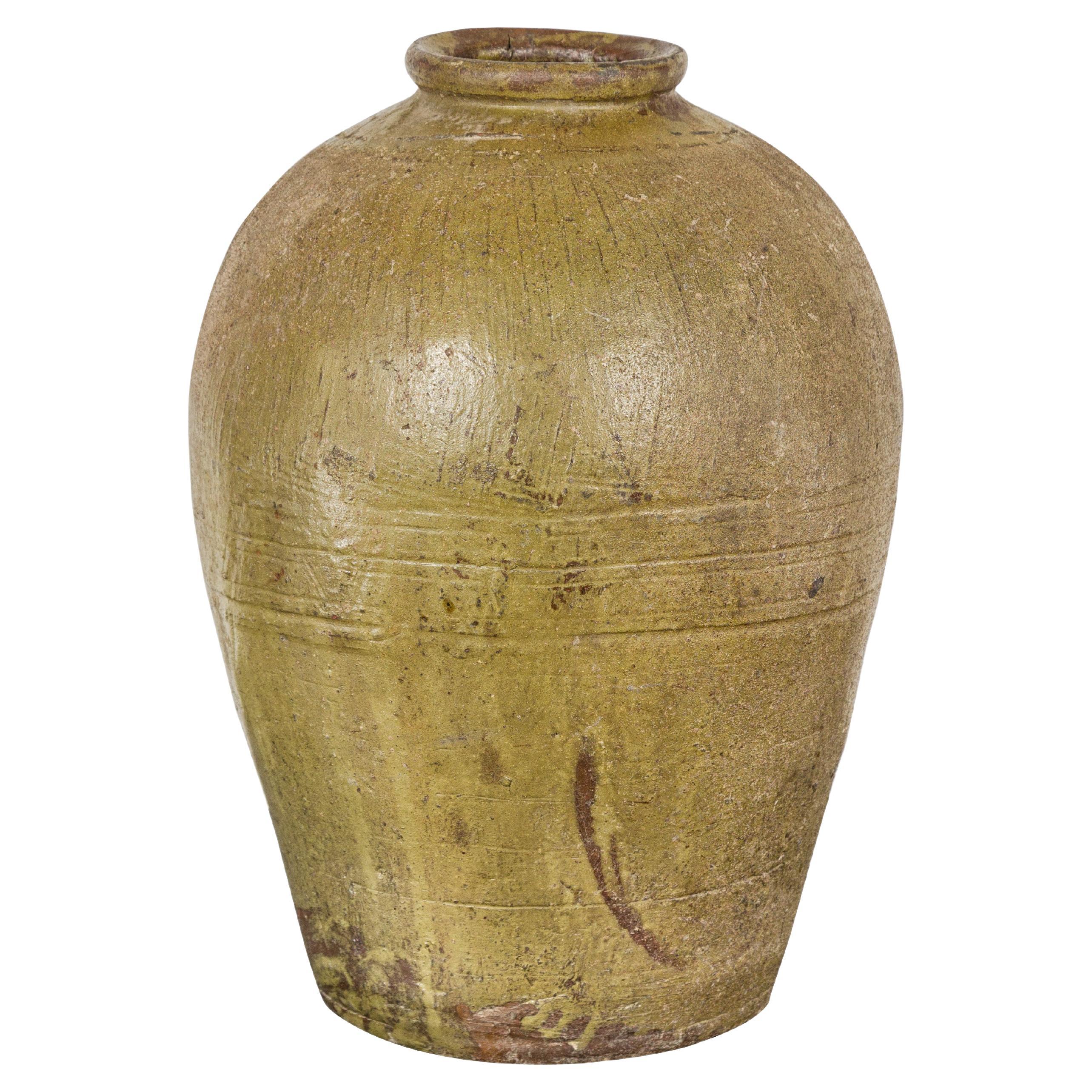 Vase en céramique vintage émaillée brun-vert - Country Collection en vente