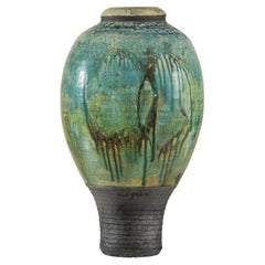 Greenish-Brown Studio Vase with Rounded Belly and Tapered Base, Signed