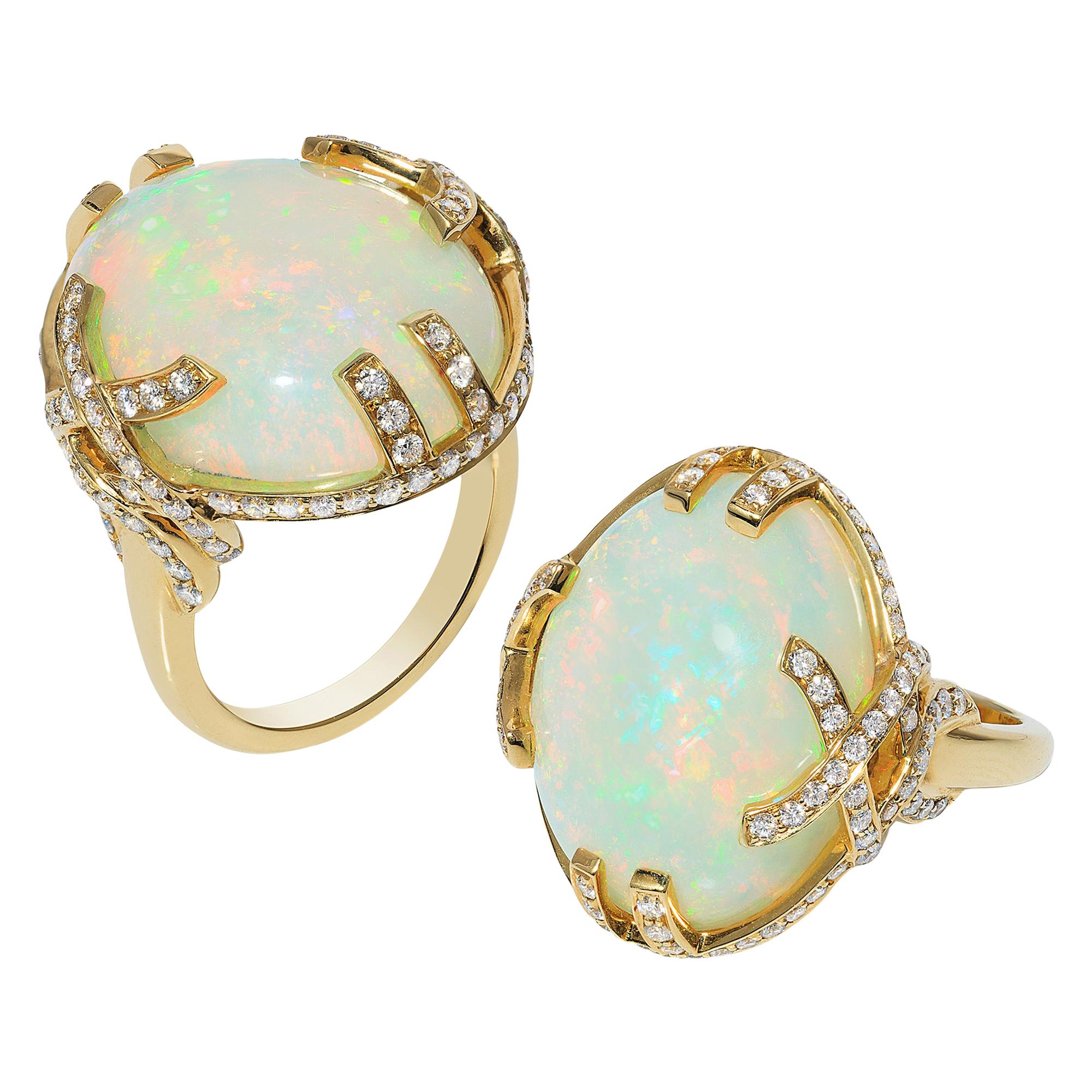 Goshwara Greenish Cabochon Opal Oval And Diamond Ring