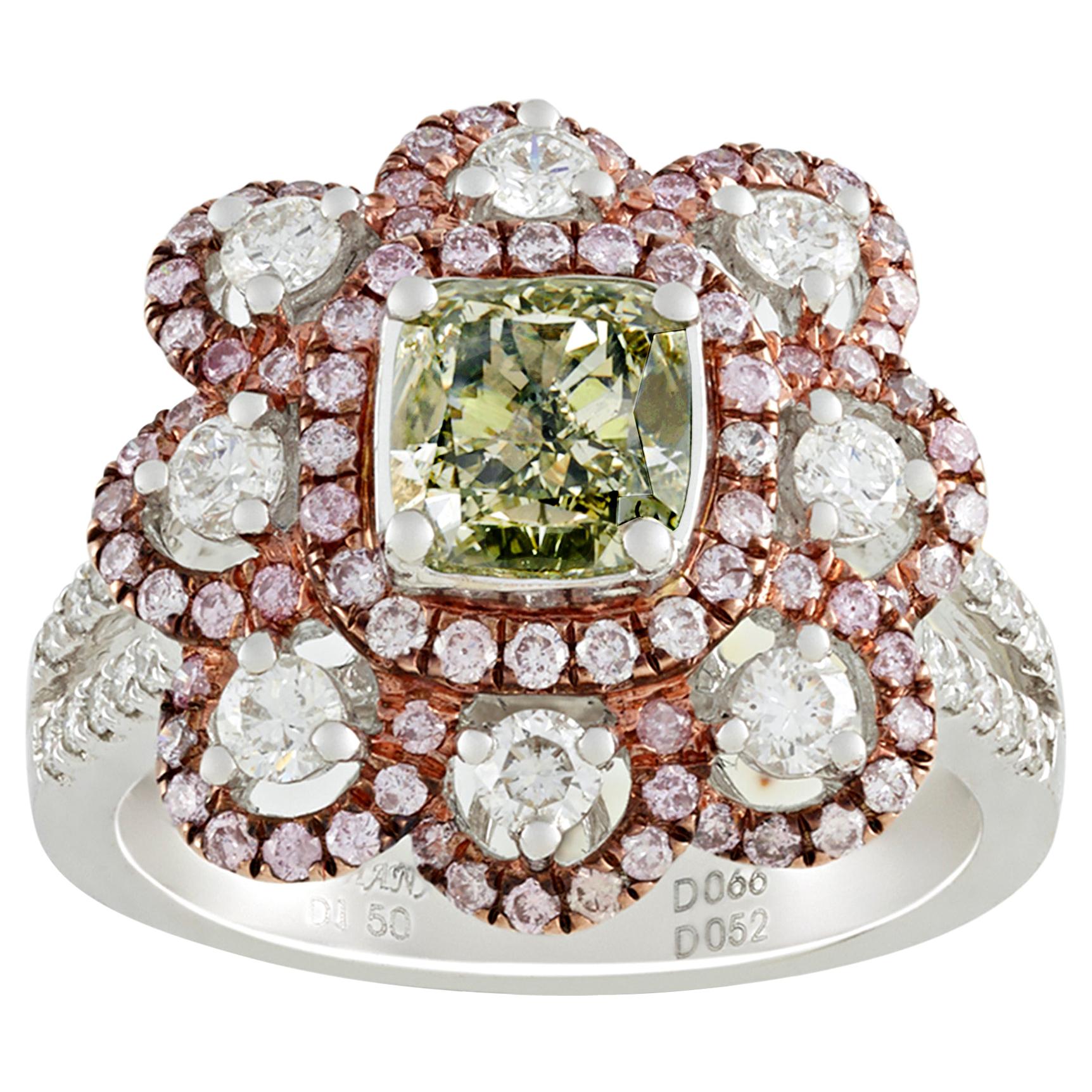 Greenish Yellow Diamond Flower Ring, 1.50 Carat