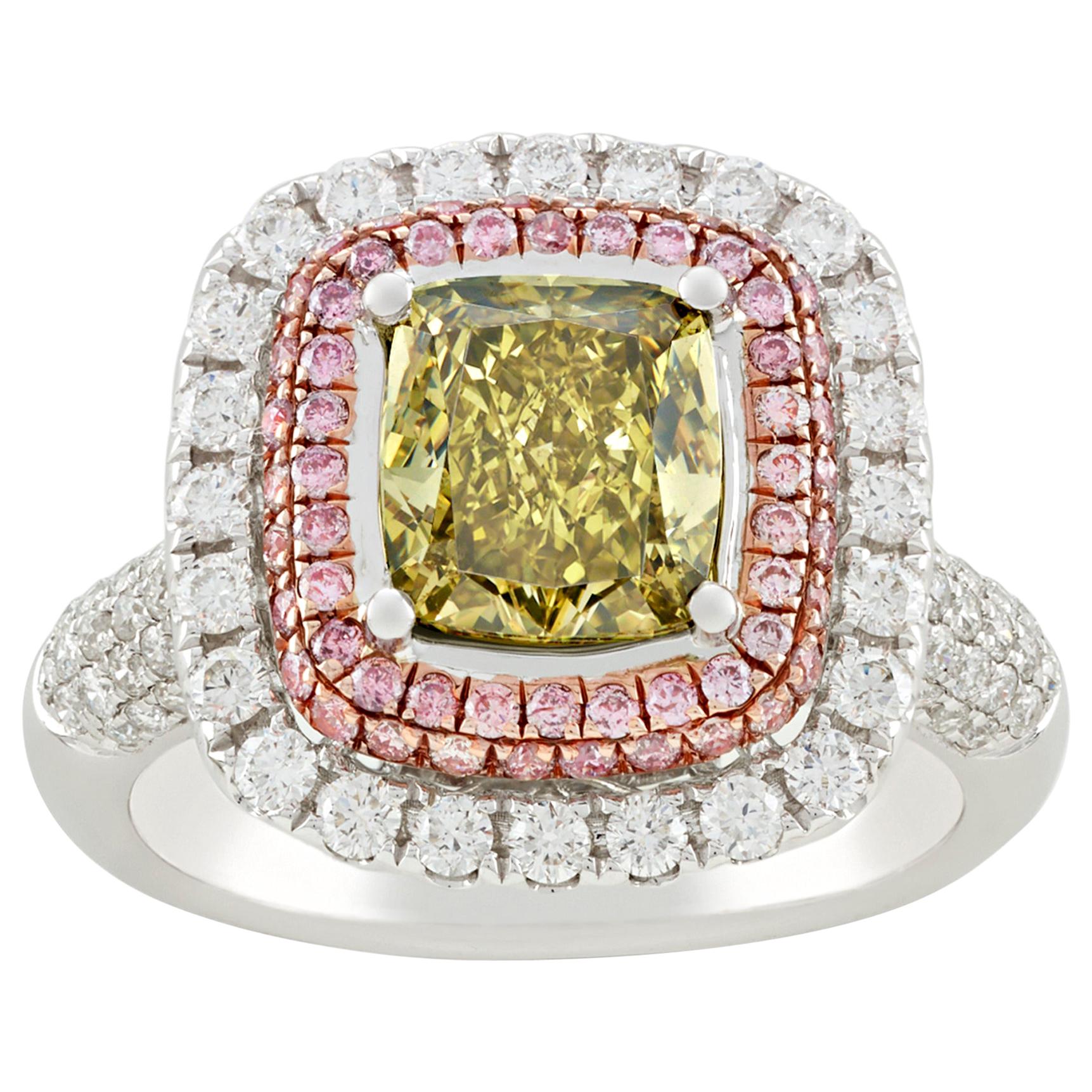 Greenish Yellow Diamond Ring, 2.01 Carats