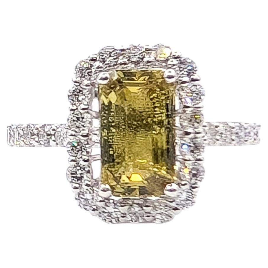 Greenish Yellow Sapphire & Diamond Halo Ring in Platinum- GIA 2235324407