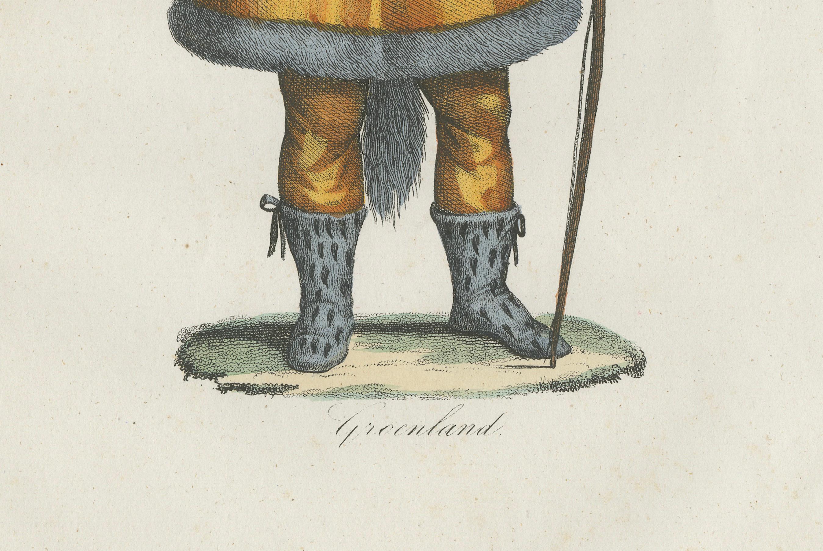 Greenland Inuit Costume Print – Antique Hand-Colored Lithograph, 1854

This antique hand-colored lithograph, published in 1854 in Album des Voyages Anciens et Modernes by Martial Ardant Frères, portrays a Greenland Inuit man in traditional winter