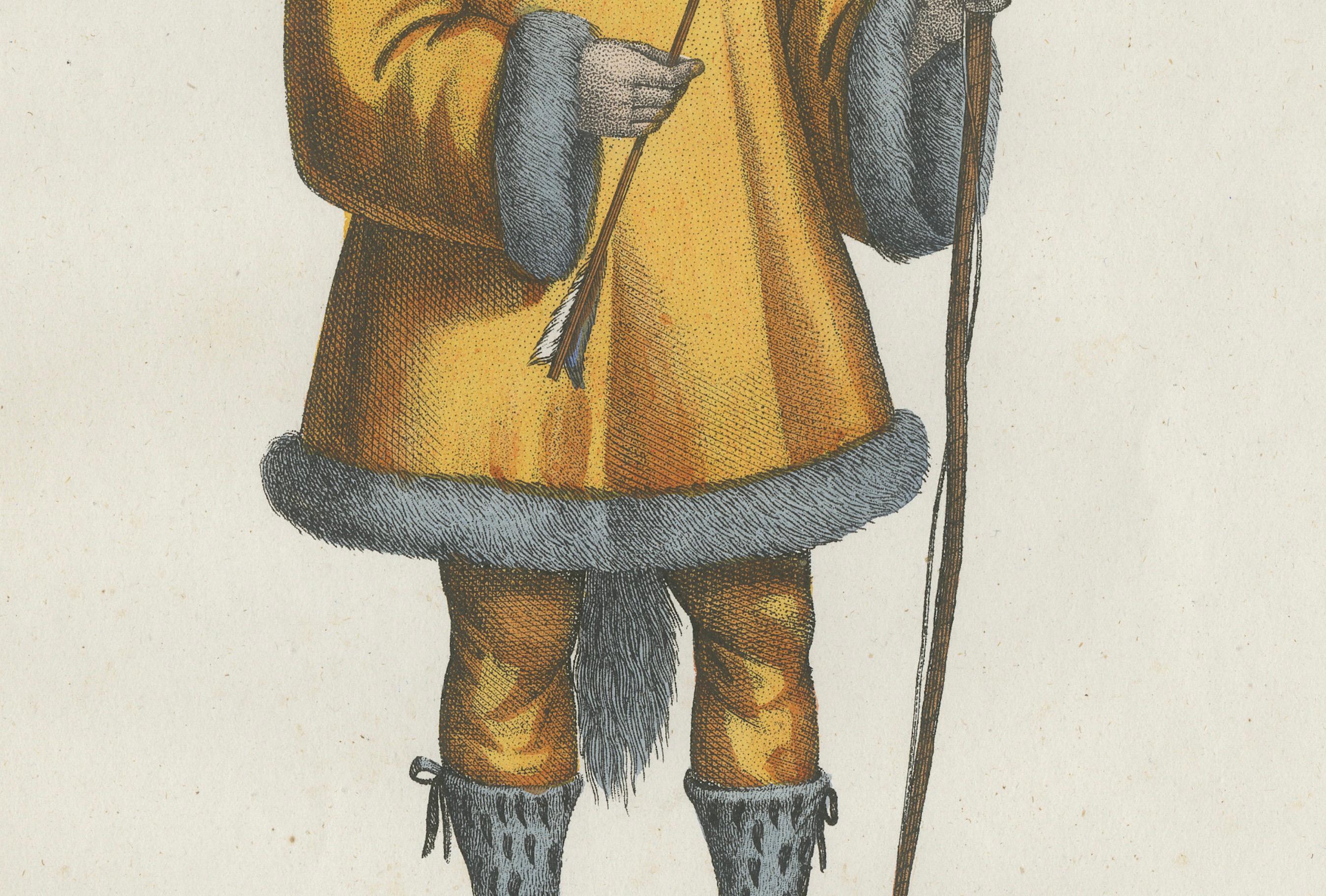 French Greenland Inuit Costume Print – Antique Hand-Colored Lithograph, 1854 For Sale