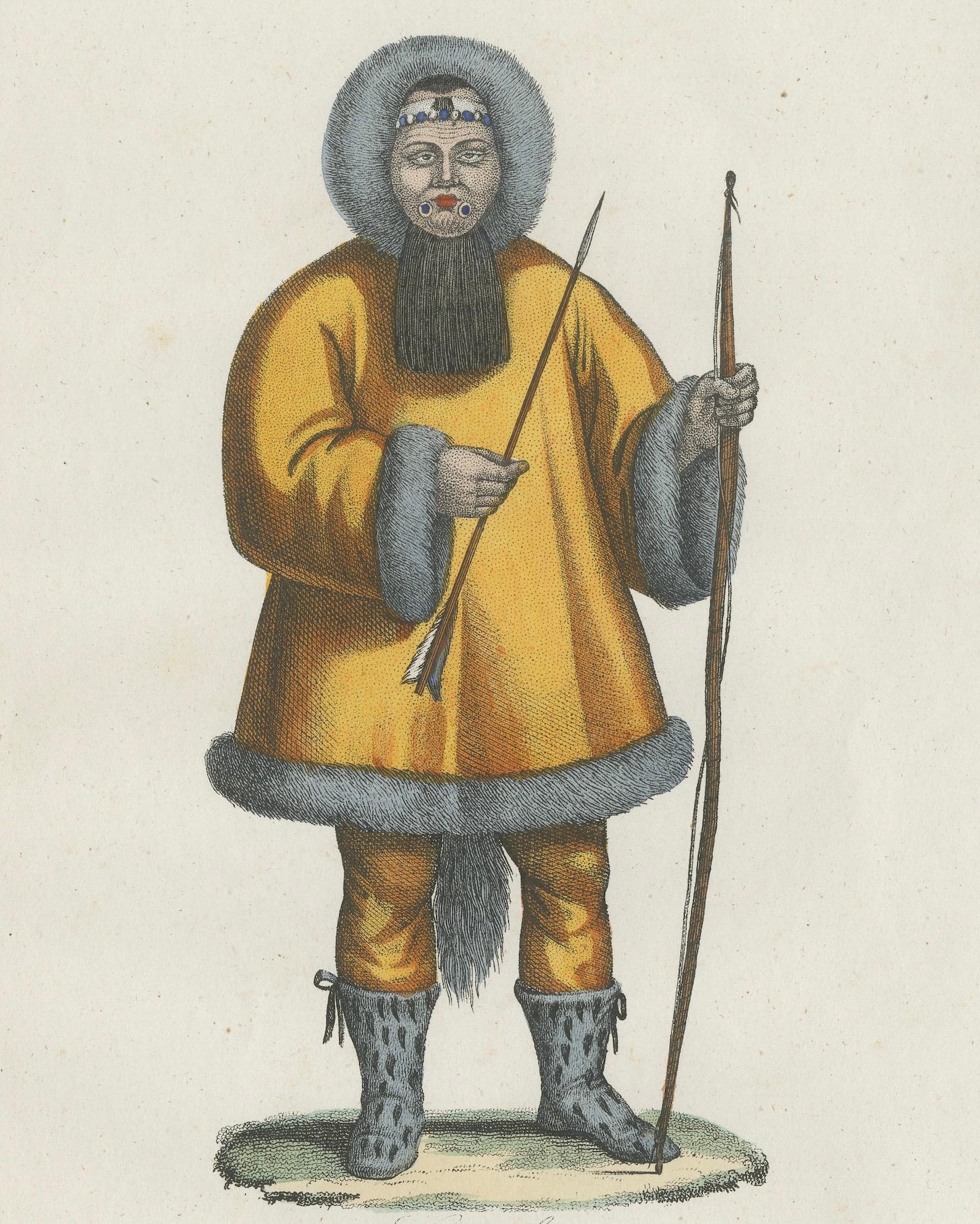19th Century Greenland Inuit Costume Print – Antique Hand-Colored Lithograph, 1854 For Sale