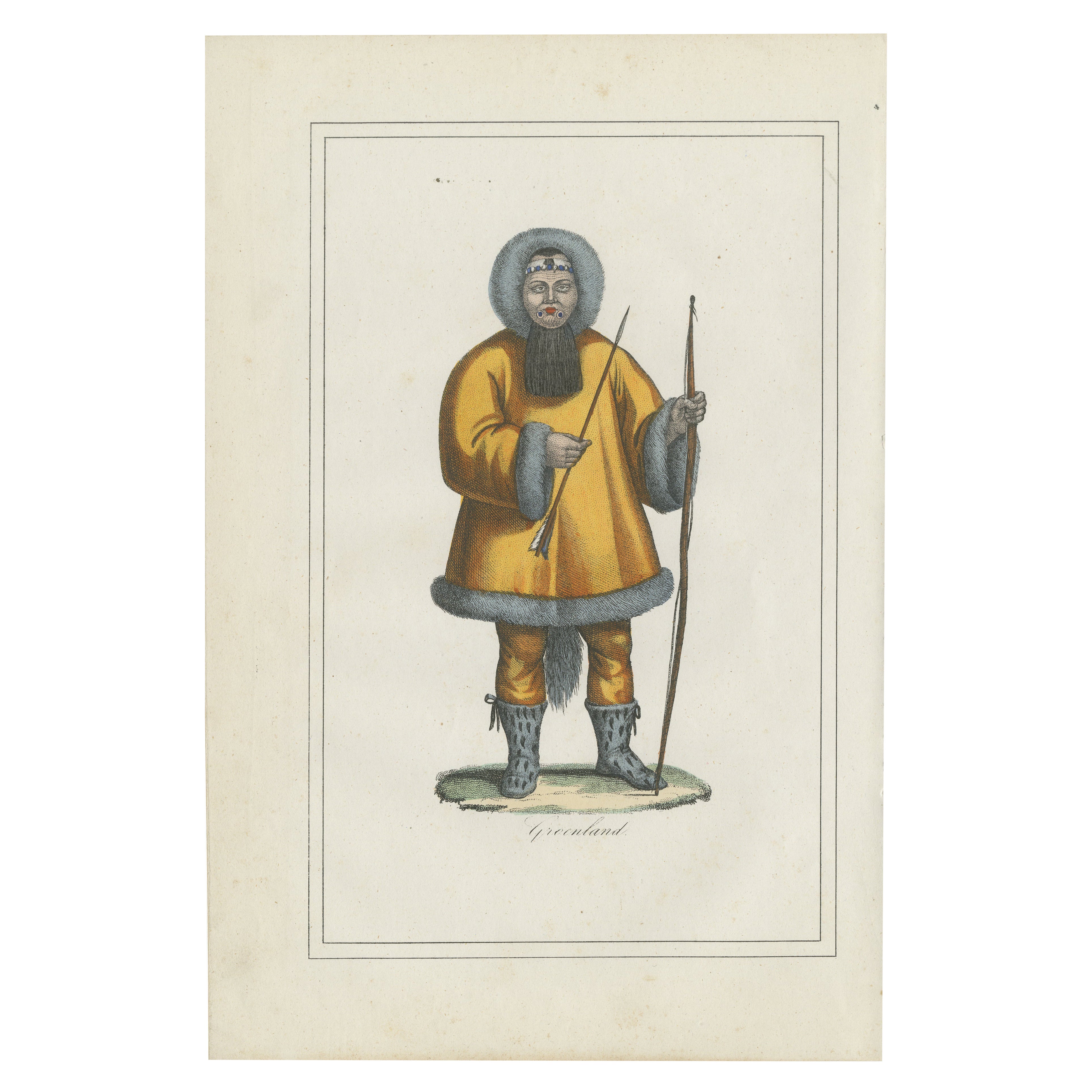 Greenland Inuit Costume Print – Antique Hand-Colored Lithograph, 1854 For Sale