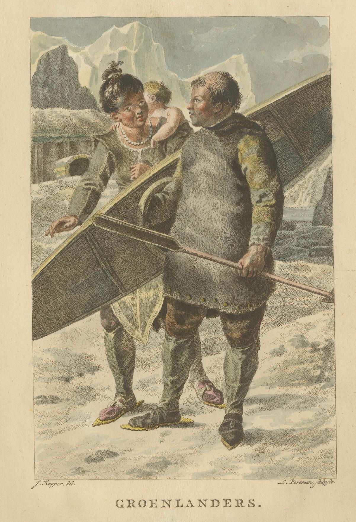 Greenlanders (Inuit Family) – Antique Hand-Colored Ethnographic Print c.1805