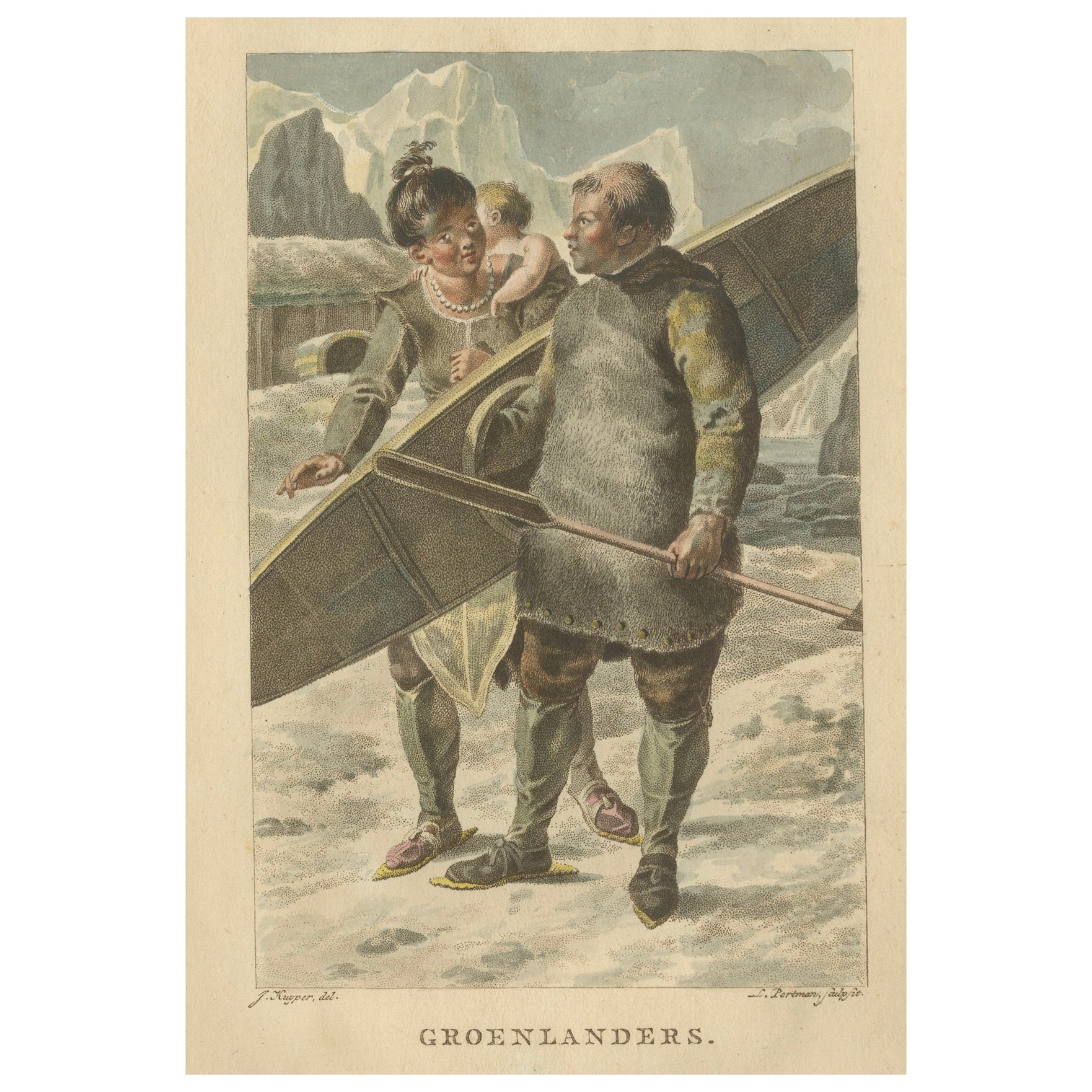 Groenlandeses (Familia Inuit) - Grabado etnográfico antiguo coloreado a mano c.1805