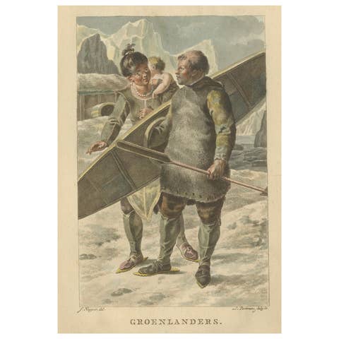 Greenlanders (Inuit Family) – Antique Hand-Colored Ethnographic Print c.1805