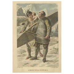 Groenlandais (famille inuit) - Gravure ethnographique ancienne coloriée à la main c.1805