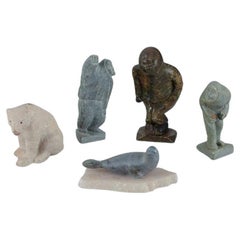Antique Greenlandica, Five Figures, Polar Bear, Seal and Three Inuits, Mid-20th Century