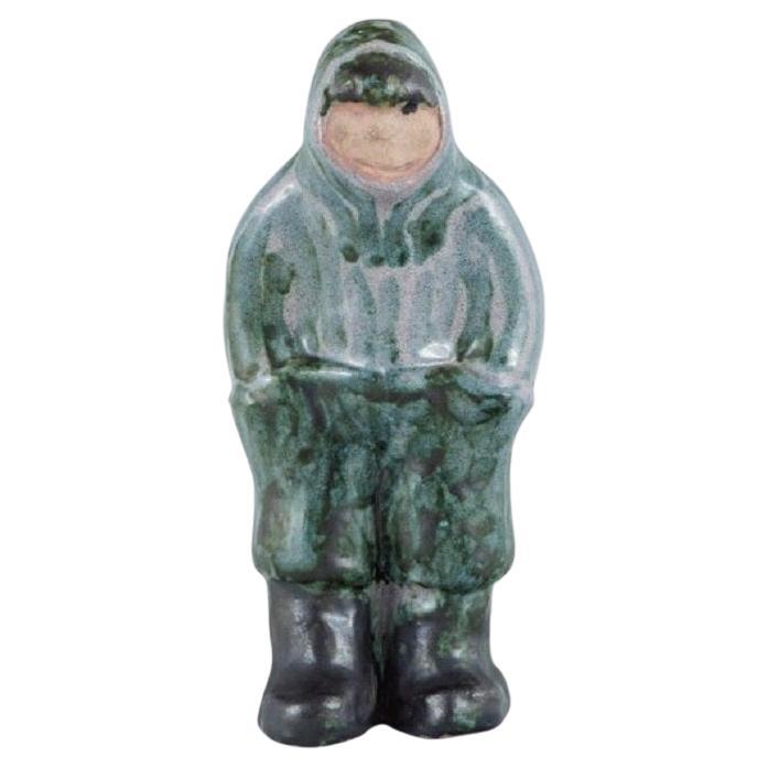 Greenlandica. Hand Painted Unique Stoneware Figure, Inuit in Traditional Clothes For Sale