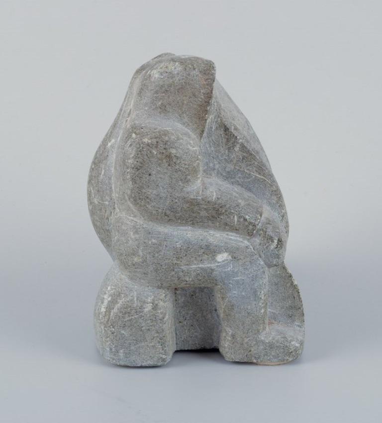 Greenlandica, Taki Petersen. Massive sculpture in soapstone. Hunter and seal In Excellent Condition For Sale In Copenhagen, DK