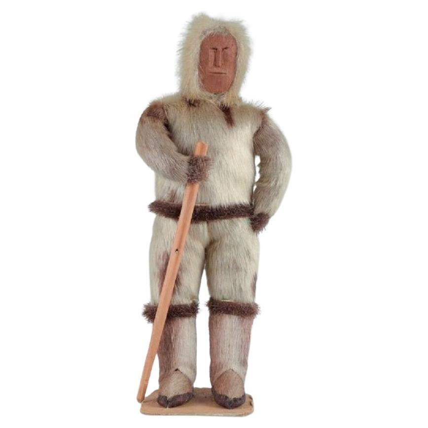 Greenlandica, Wooden Figure, Inuit in Traditional Clothes, Approx, 1960s/70s For Sale