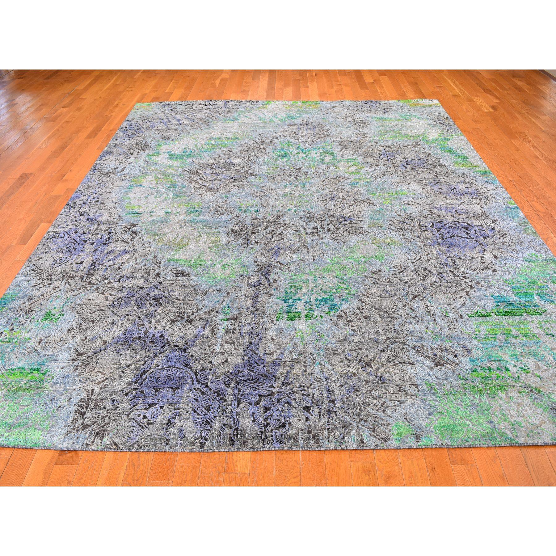 Grüner, handgeknüpfter Sari-Teppich aus strukturierter Wolle 9'x12'6