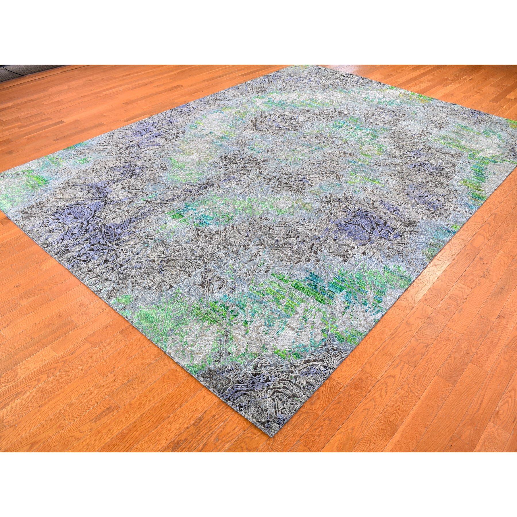 Grüner, handgeknüpfter Sari-Teppich aus strukturierter Wolle 9'x12'6