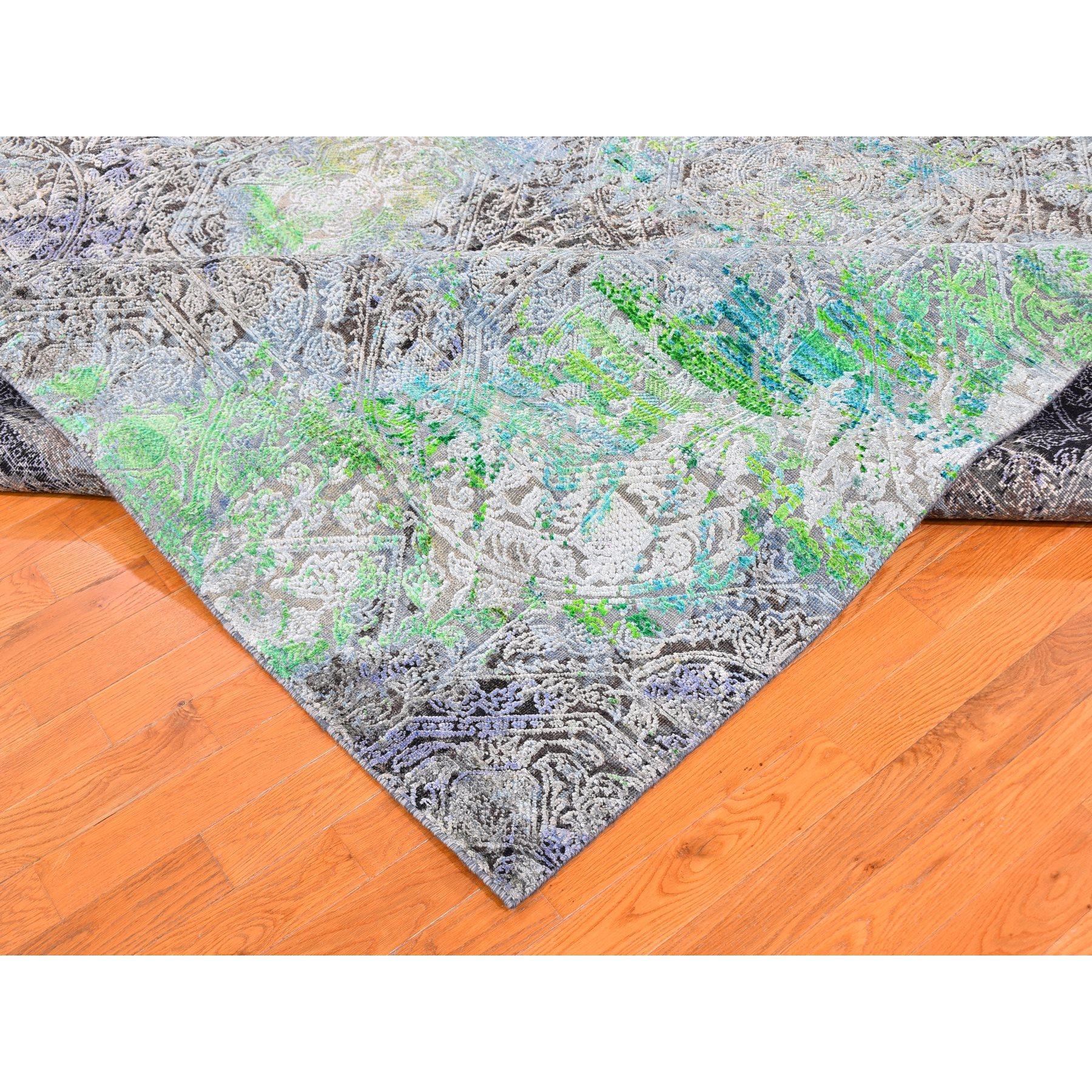 Grüner, handgeknüpfter Sari-Teppich aus strukturierter Wolle 9'x12'6