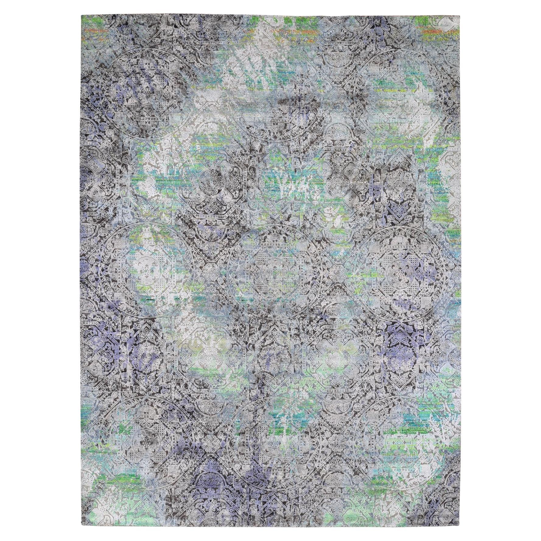 Greens DIMINISHING COINS Sari Silk with Textured Wool Hand Knotted Rug 9'x12'6"
