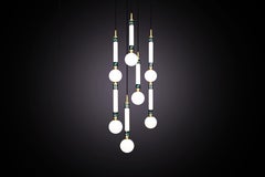 Marc Wood Greenstone Pendant Luxury Light 7 piece, Opal Glass & Brushed Brass