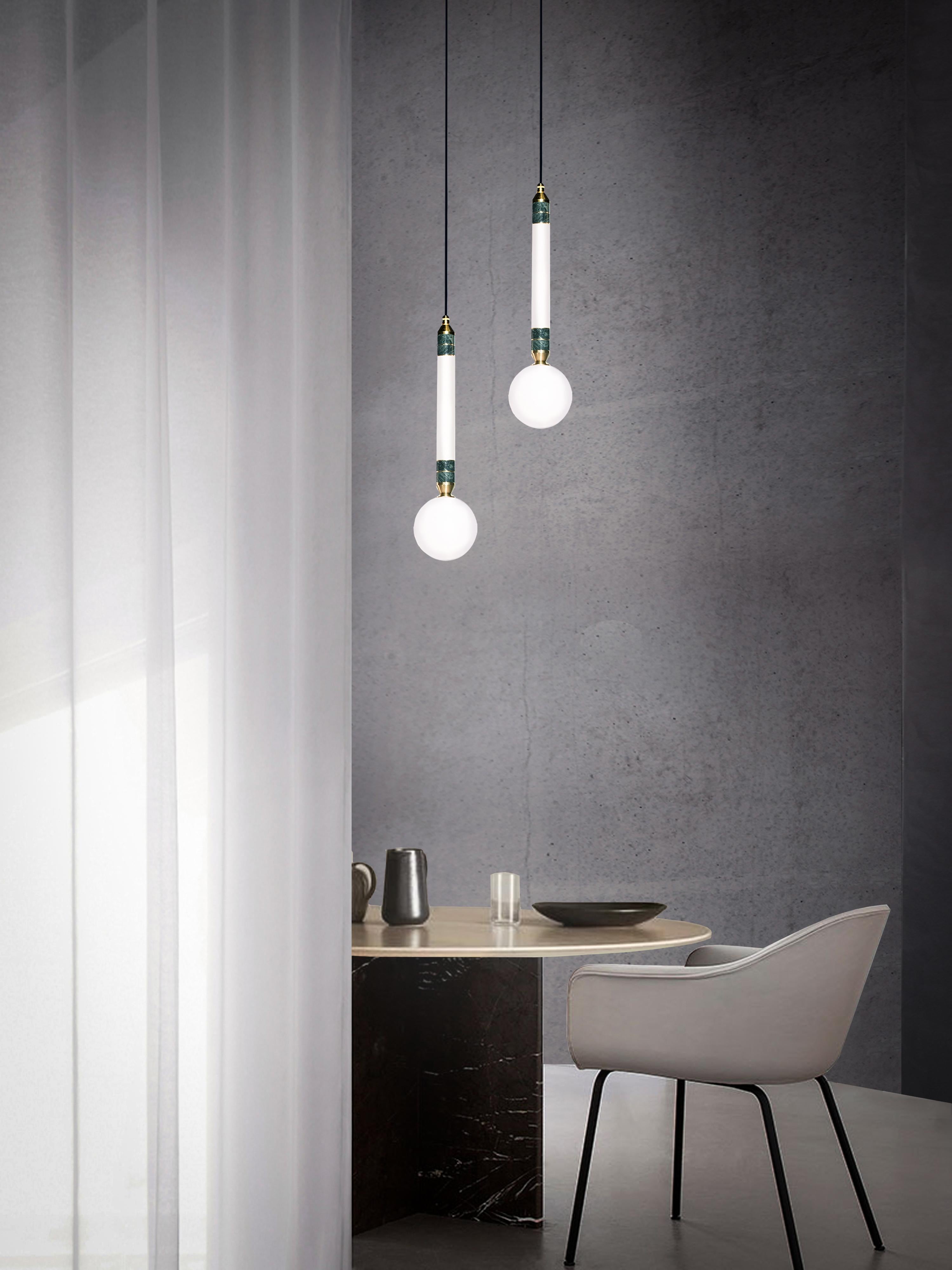 Modern 'Greenstone Pendant Lamp - Small' by Marc Wood. Marble, Opal Glass and brass. For Sale