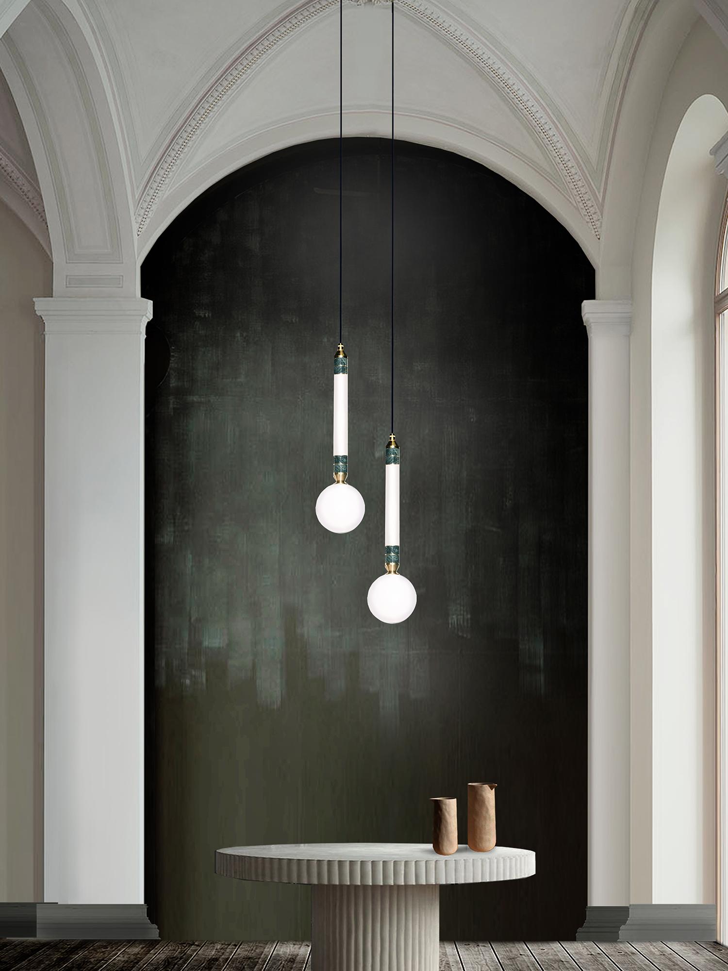 'Greenstone Pendant Lamp - Small' by Marc Wood. Marble, Opal Glass and brass. In New Condition For Sale In London, GB