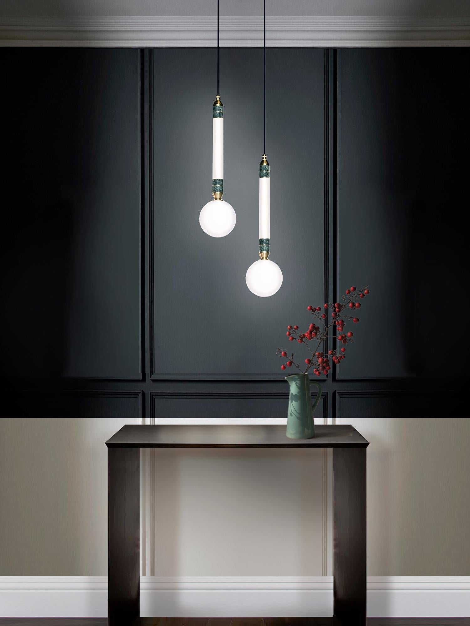 Contemporary 'Greenstone Pendant Lamp - Small' by Marc Wood. Marble, Opal Glass and brass. For Sale