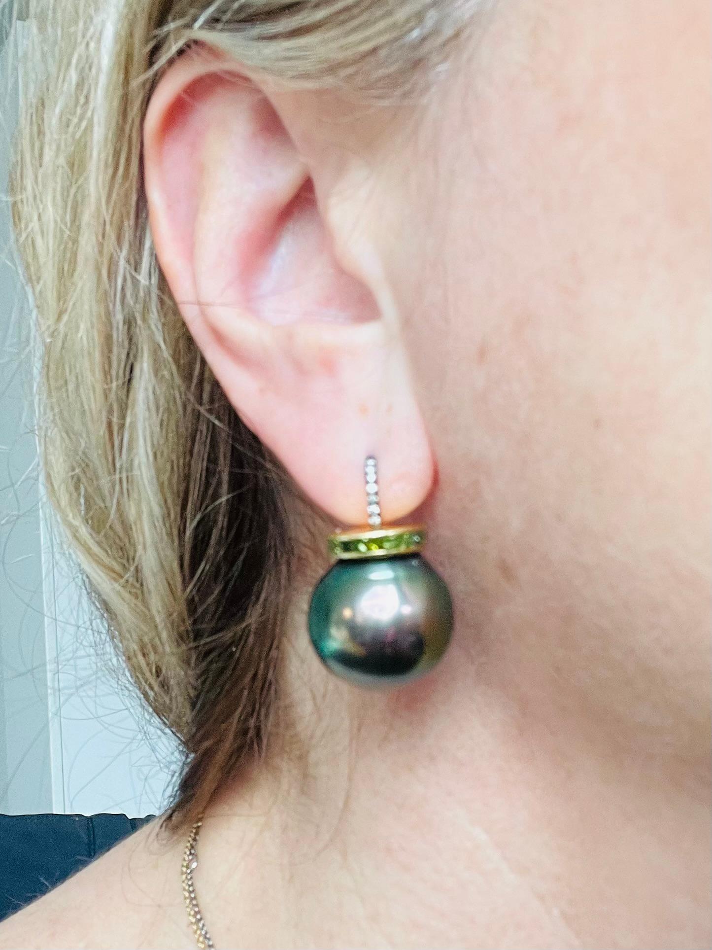Women's Green, Yellow South Sea Pearls and Green Diamonds Earrings by Julia Shlovsky For Sale