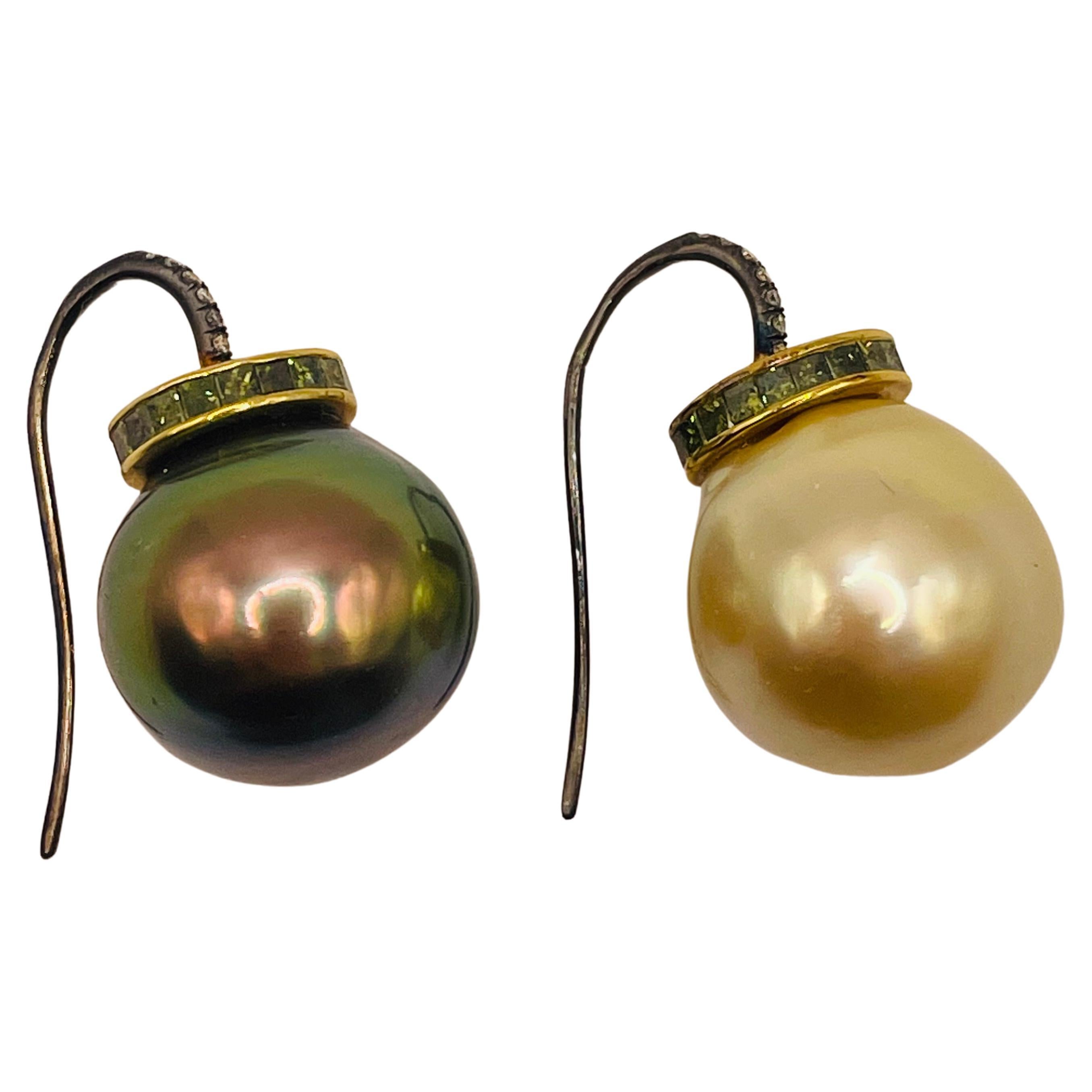 Green, Yellow South Sea Pearls and Green Diamonds Earrings by Julia Shlovsky For Sale