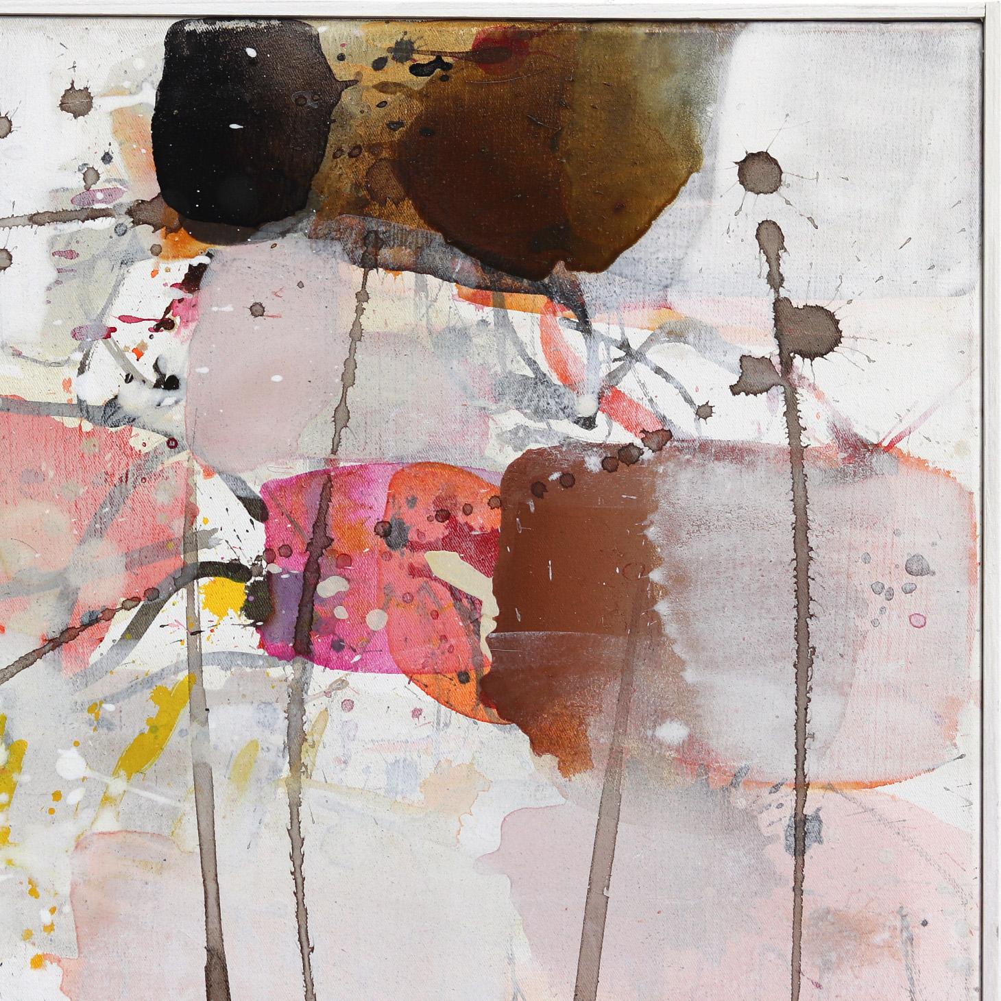 Playful - Framed Layered Original Acrylic Painting on Canvas - Beige Abstract Painting by Greet Helsen