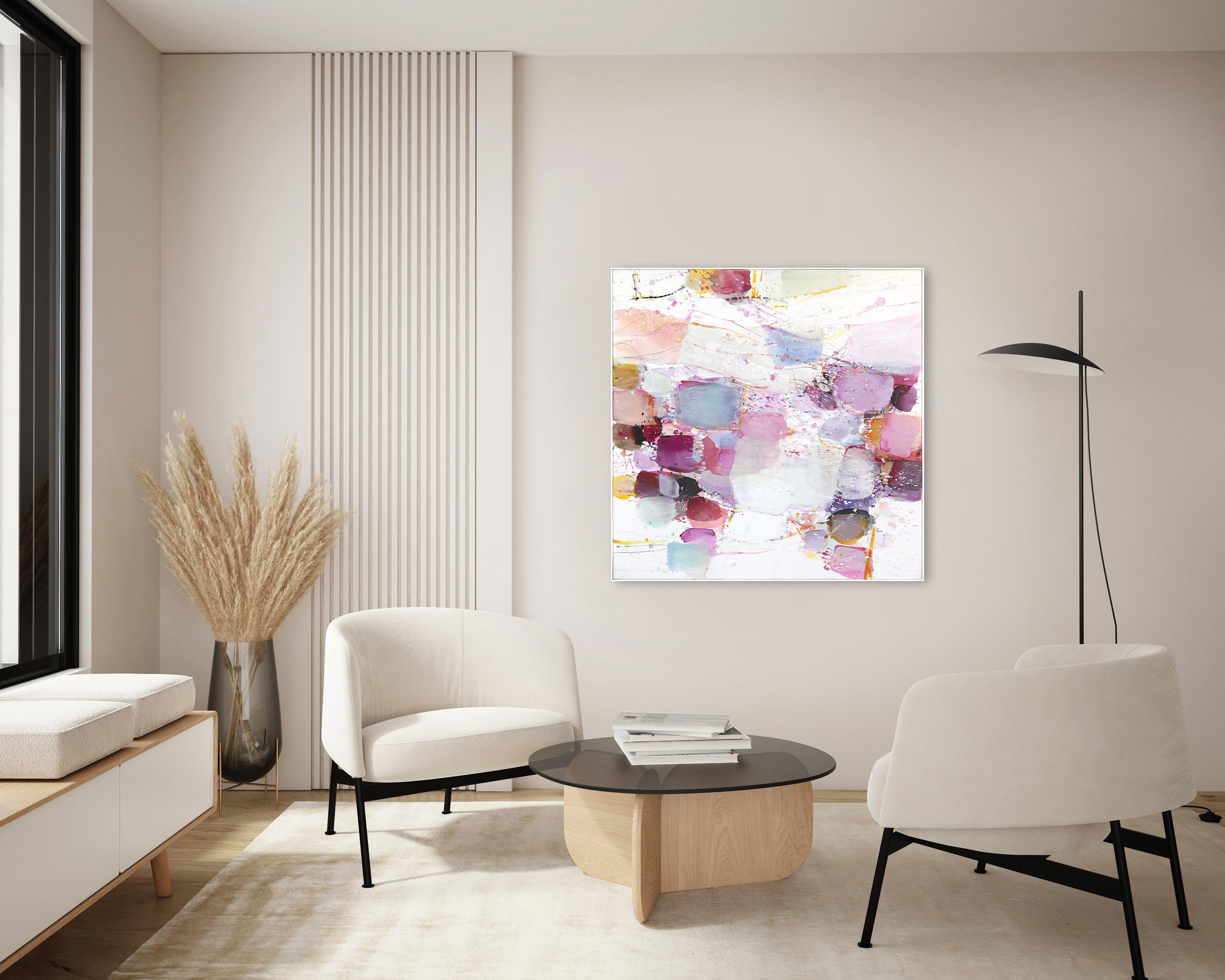 5815 - Pittura astratta a strati rosa e viola in campo cromatico - Painting di Greet Helsen