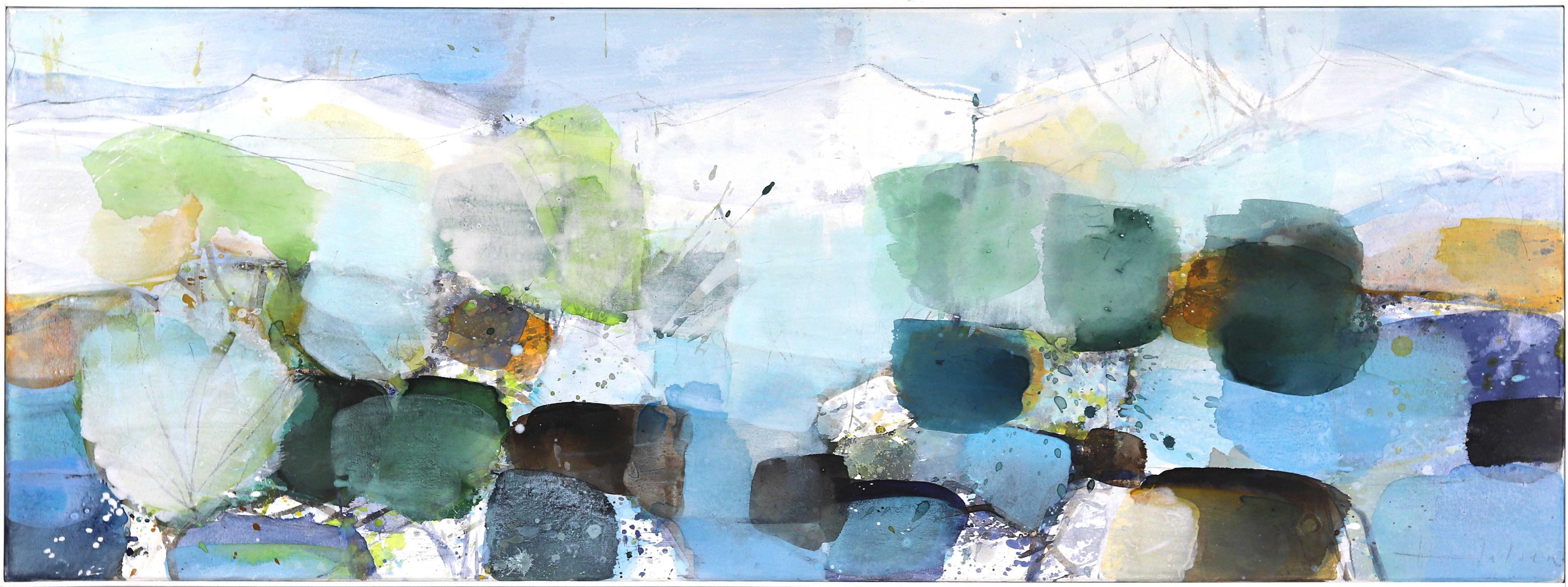 Fiume di montagna - Pittura astratta a strati di grandi dimensioni con colori blu e verdi