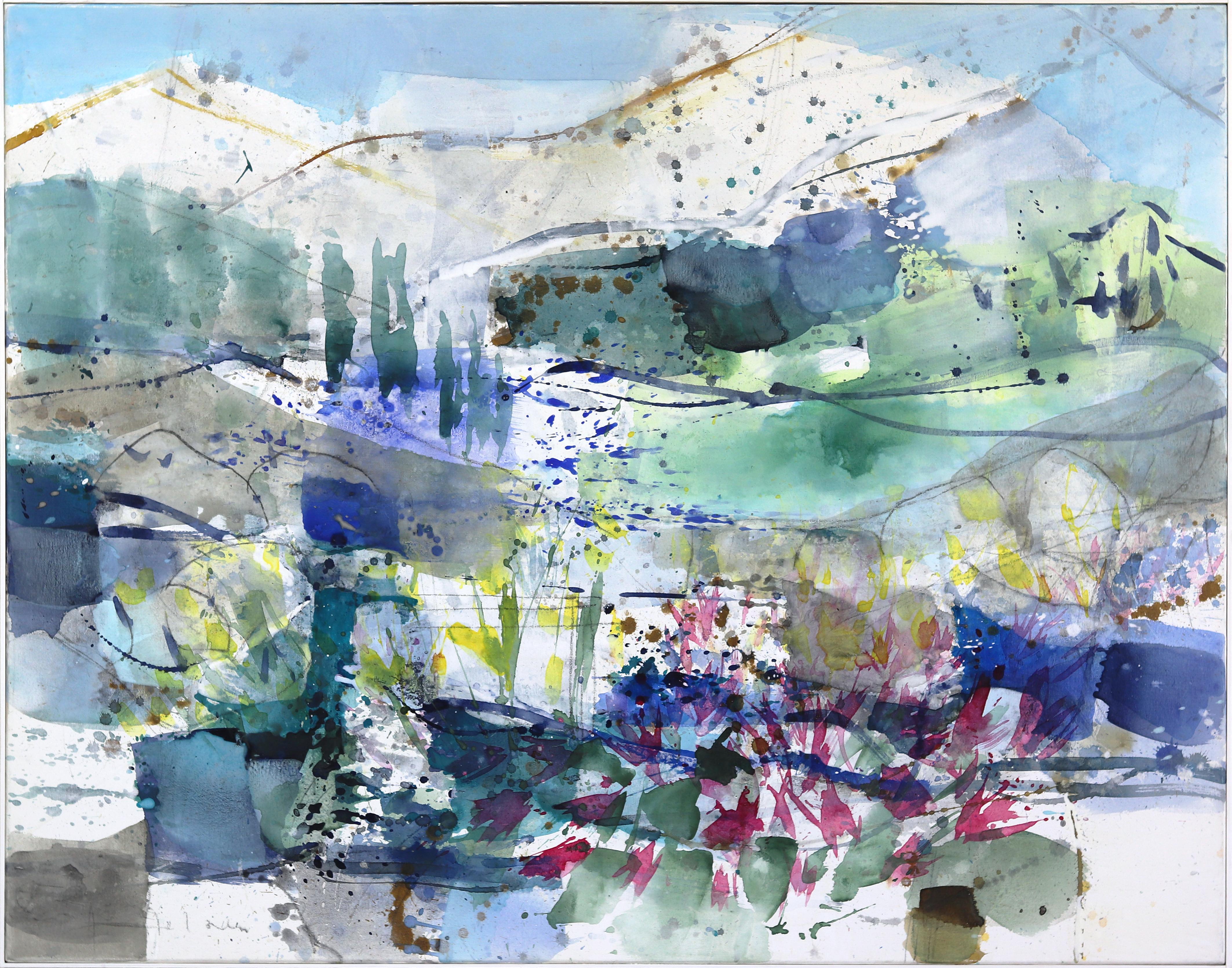 Primavera di montagna - Paesaggio astratto a strati dipinto in campo colorato
