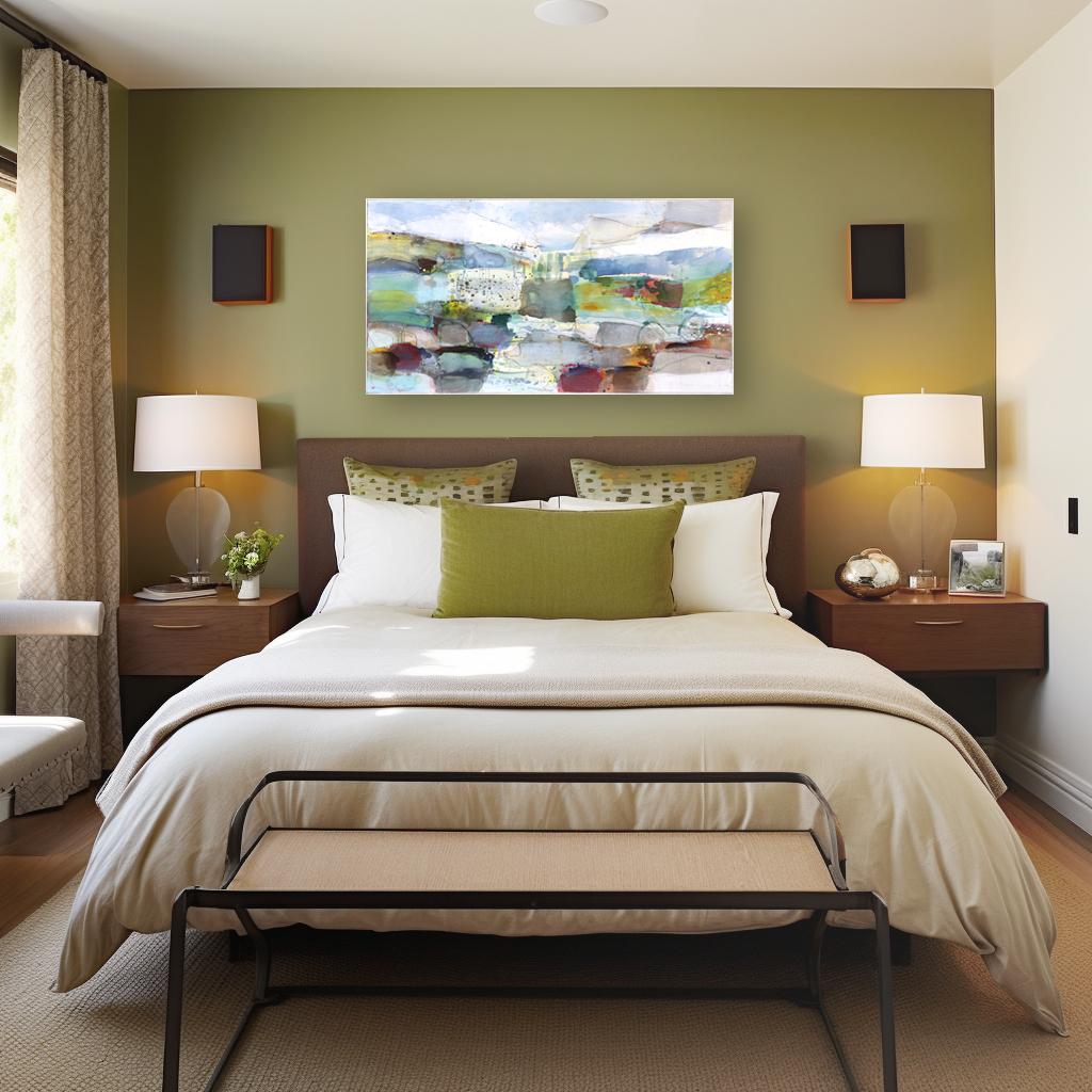 Paisaje místico - Pintura escénica abstracta en capas de gran tamaño con campo de color - Painting de Greet Helsen
