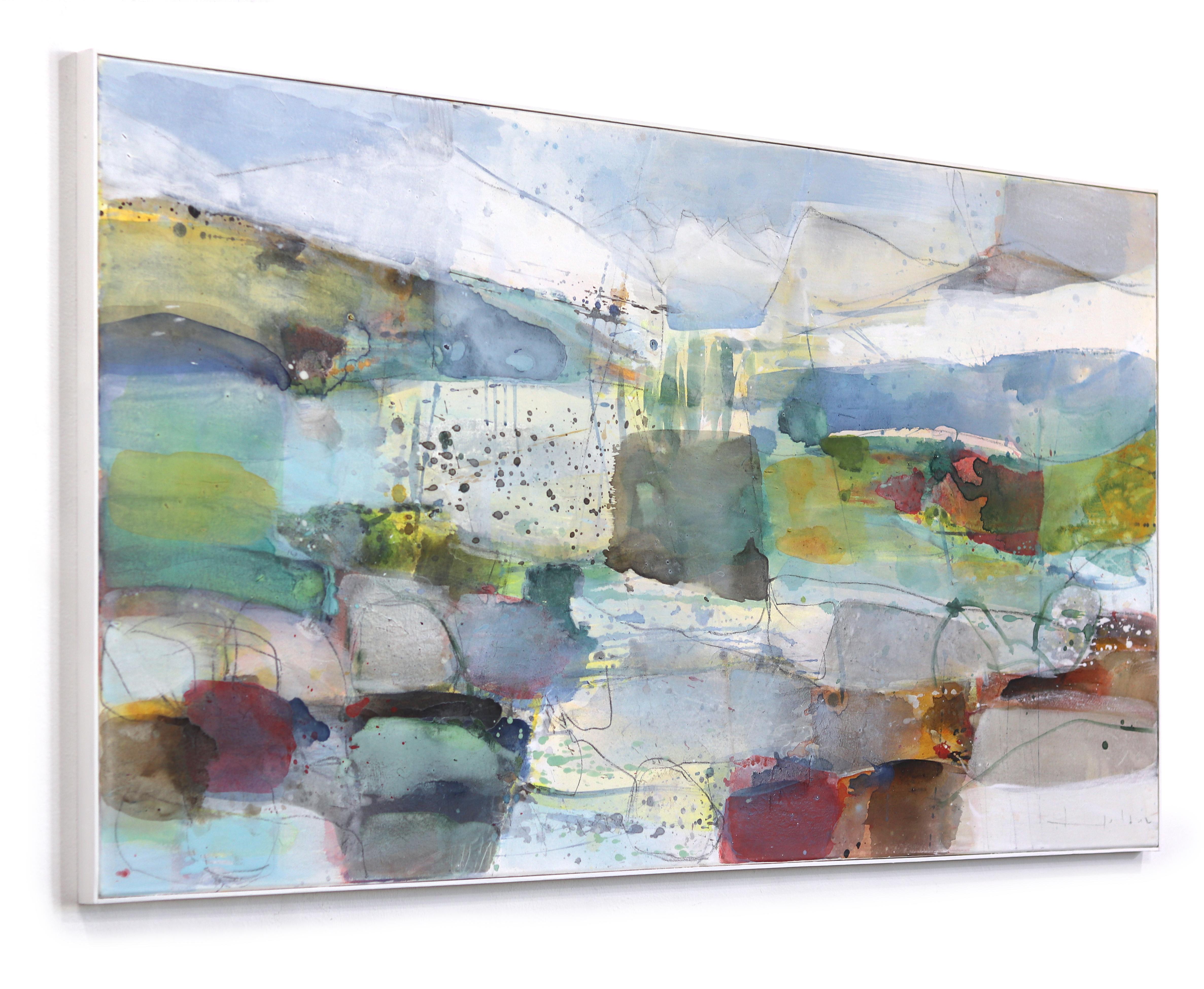 Paisaje místico - Pintura escénica abstracta en capas de gran tamaño con campo de color - Landscape Painting Gris de Greet Helsen