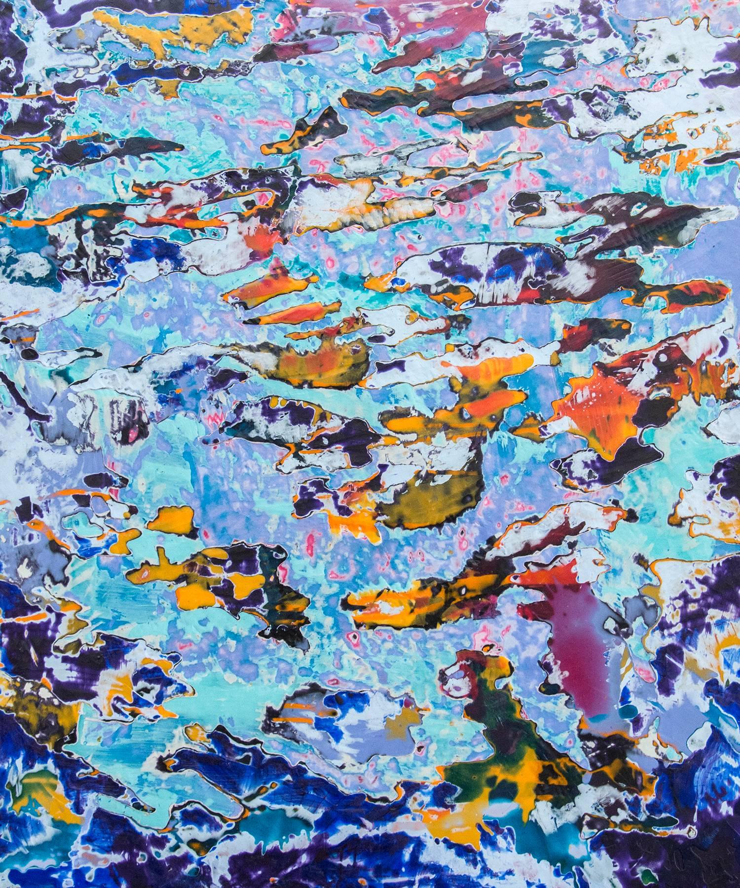 Greg Angus Abstract Painting - You're Here - Abstracted encaustic painting in blues, purples and orange.